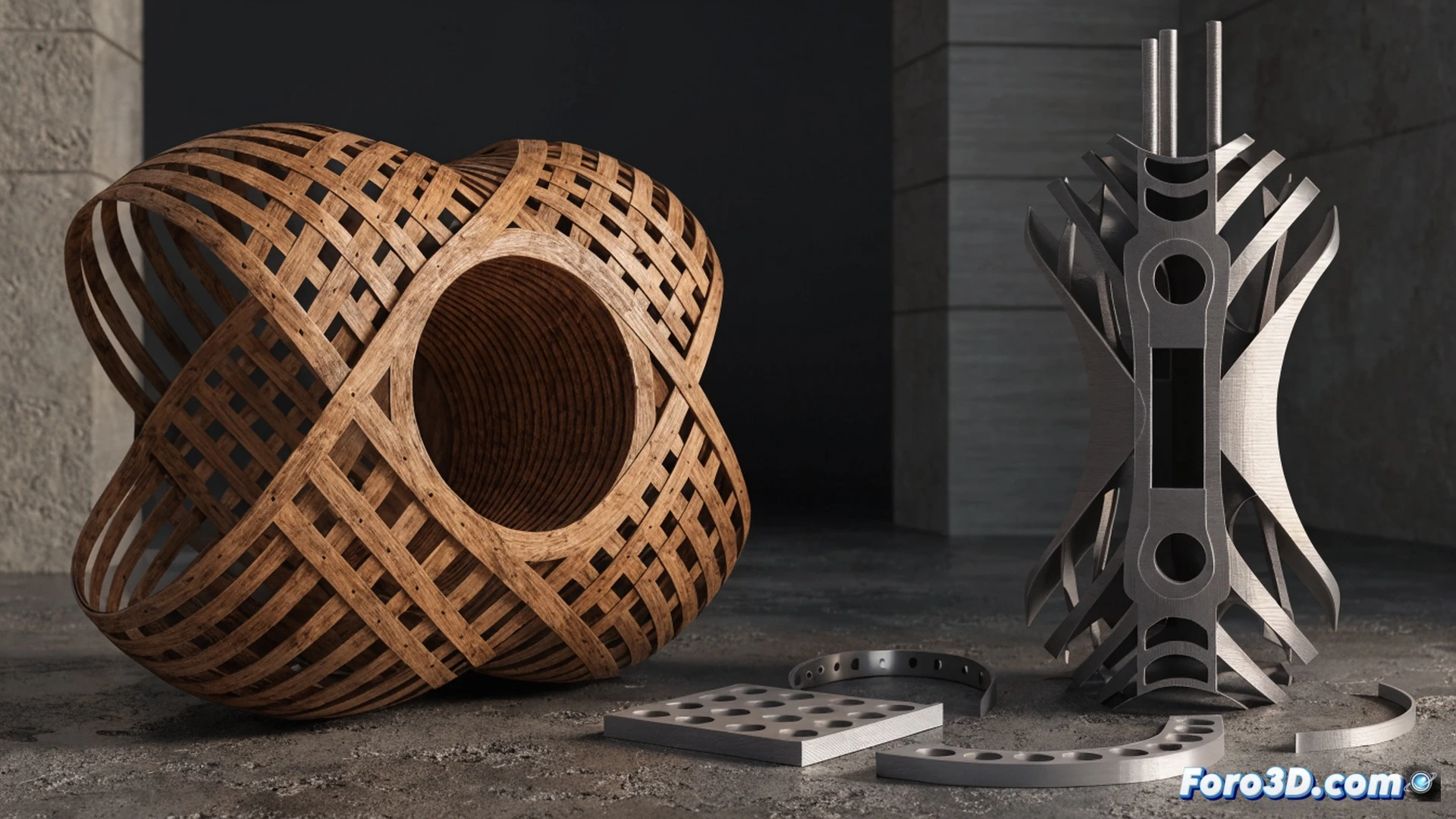 Traditional Basque wicker xistera basket being partially rebuilt by a robotic 3D printer arm extruding glowing orange filament, layers fusing onto the curved wooden frame, artisan hand guiding the print head mid-process, lightweight geometric lattice structure replacing heavy woven sections, digital blueprint displayed on nearby tablet showing stress analysis, engineering visualization style, warm workshop lighting, photorealistic technical render, macro focus on filament deposition and basket weave texture, dramatic contrast between organic wicker and precise printed layers