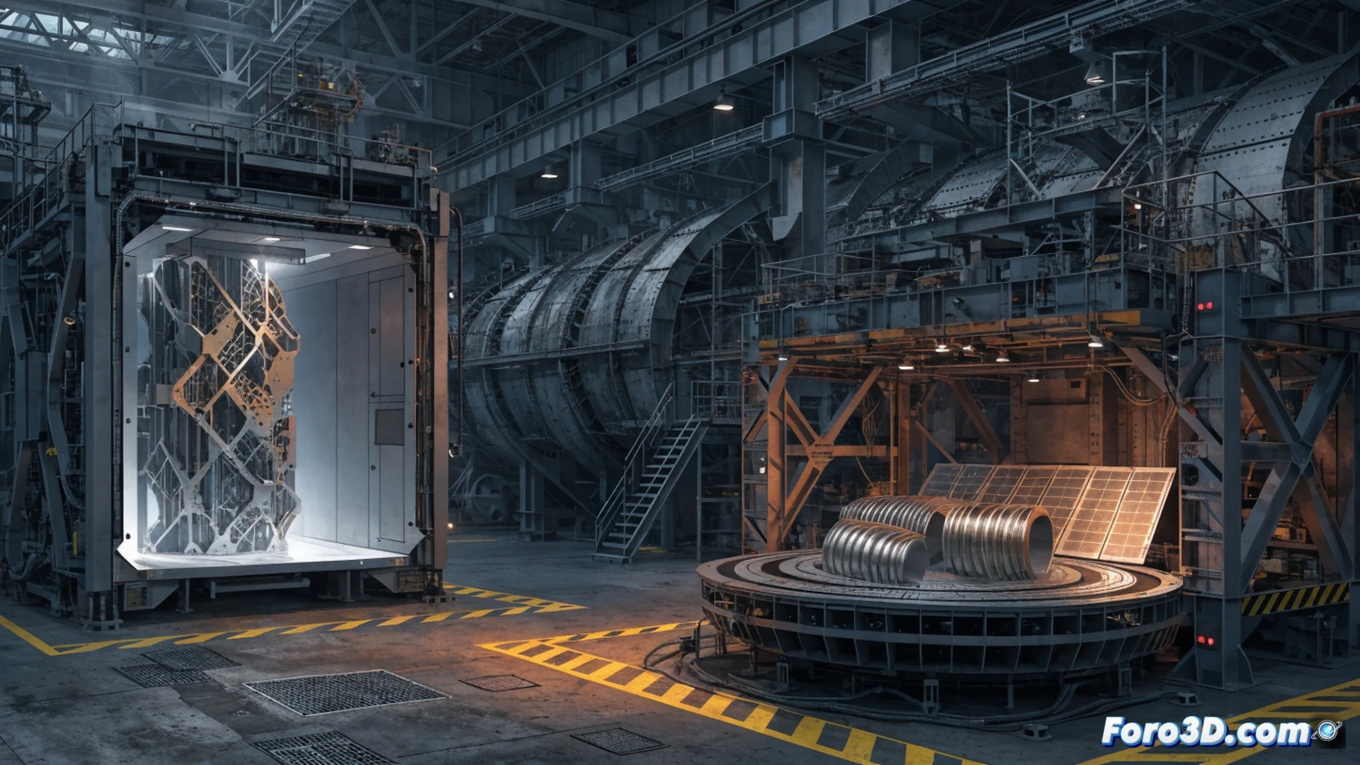 Large-scale metal 3D printer inside a US military shipyard, robotic arm depositing molten metal layer by layer onto a half-finished naval propeller shaft, sparks and glowing orange heat radiating from the print head, nearby welders and engineers monitoring the process on holographic displays, massive hull sections and crane systems in the background, industrial fluorescent lighting, metallic surfaces with reflective highlights, photorealistic engineering visualization, cinematic depth of field, motion blur on robotic arm during deposition, technical illustration style showing additive manufacturing process
