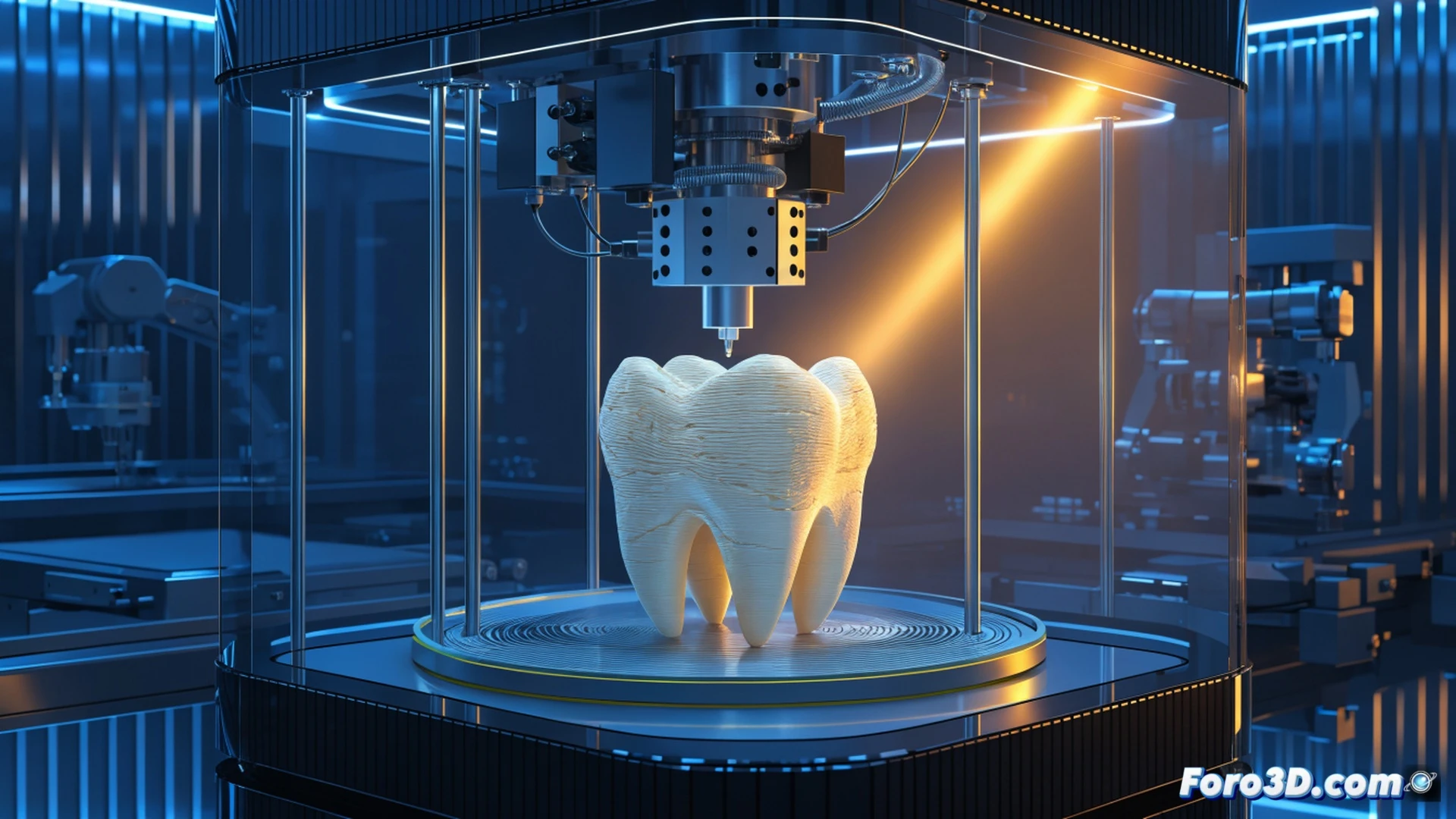 dental clinic 3D printer actively manufacturing a ceramic crown, intraoral scanner capturing patient tooth surface in real-time, dentist holding finished restoration next to digital model on monitor, polished dental tools arranged on sterile tray, patient reclined in chair watching the process, cinematic photorealistic technical illustration, bright clinical lighting with warm skin tones, smooth metallic surfaces reflecting soft shadows, ultra-detailed printer nozzle depositing resin layer by layer, dynamic composition showing workflow progression