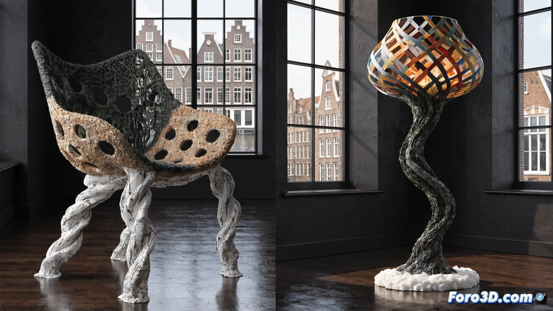 industrial 3D printer nozzle extruding molten recycled ocean plastic onto a build plate, forming a curved chair leg, discarded fishing nets and plastic flakes piled beside the machine, digital CAD wireframe overlay on a monitor showing the furniture design, robotic arm moving precisely during the additive process, photorealistic technical visualization, bright white studio lighting with cool blue environmental tones, fine layer lines visible on the printed surface, glossy recycled polymer texture, shallow depth of field focusing on the extrusion point, cinematic industrial aesthetic