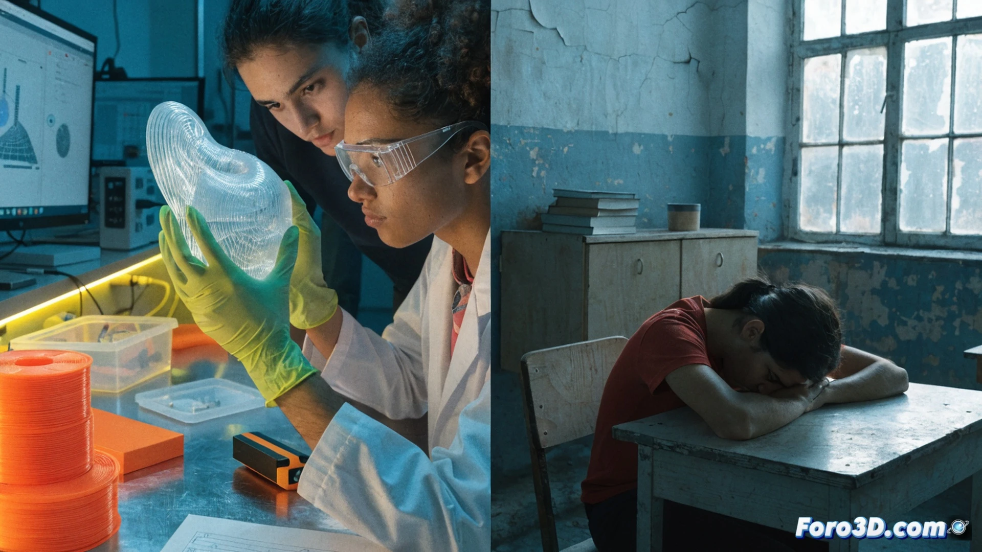 photorealistic technical illustration of a school classroom, a 3D printer actively printing a small prosthetic hand while a student observes closely, empty desks in background contrast with a single modern printer, filament spool feeding into extruder during operation, exposed mechanical components and heated bed visible, soft natural light from window highlighting dust particles, subtle inequality symbolism through stark empty space, cinematic educational scene, ultra-detailed printer mechanics, realistic PLA filament texture, engineering visualization style