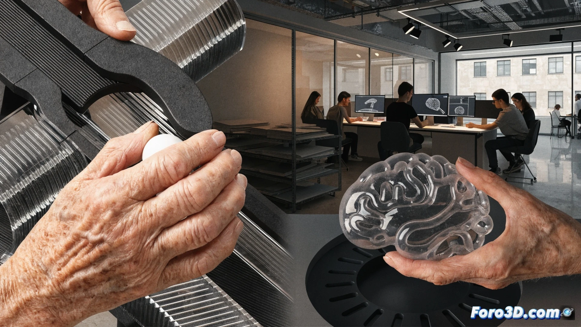 Technical illustration showing high school students in a bright workshop operating a 3D printer while assembling tactile memory puzzles for Alzheimer patients, one student holds a multicolored geometric brain-teaser piece, another adjusts a laptop with CAD modeling software on screen, 3D-printed puzzle parts on a workbench, filament spools nearby, warm natural light from window, photorealistic engineering visualization, clean organized workspace, depth of field focusing on hands and printed objects, realistic textures of PLA plastic and wood surfaces