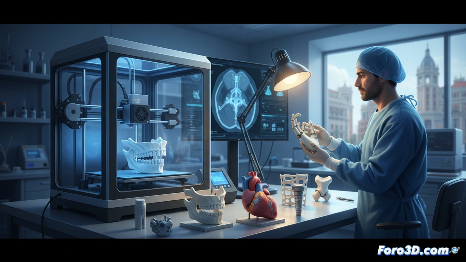 Surgeons in blue scrubs examining a translucent 3D-printed patient-specific skull model on a digital table, while a medical 3D printer extrudes a custom titanium implant in the background, surgical planning software with holographic organ overlays visible on screens, bright sterile operating room lighting, cinematic medical visualization, photorealistic technical render, hyper-detailed anatomical structures, glowing cross-sections of bone and blood vessels, sterile reflective surfaces, precise engineering atmosphere