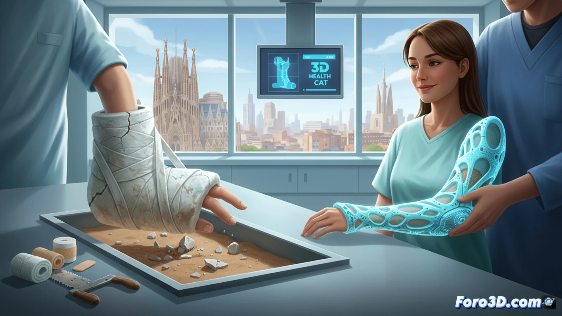 Hospital room scene, doctor holding a lightweight 3D-printed lattice forearm splint while a patient shows relief, traditional plaster cast discarded on a table beside a 3D printer with a glowing build plate, patient smiling, breathable plastic mesh structure visible on the splint, soft clinical lighting, photorealistic medical visualization, clean white walls, advanced medical technology atmosphere, high detail on printer nozzle and splint texture