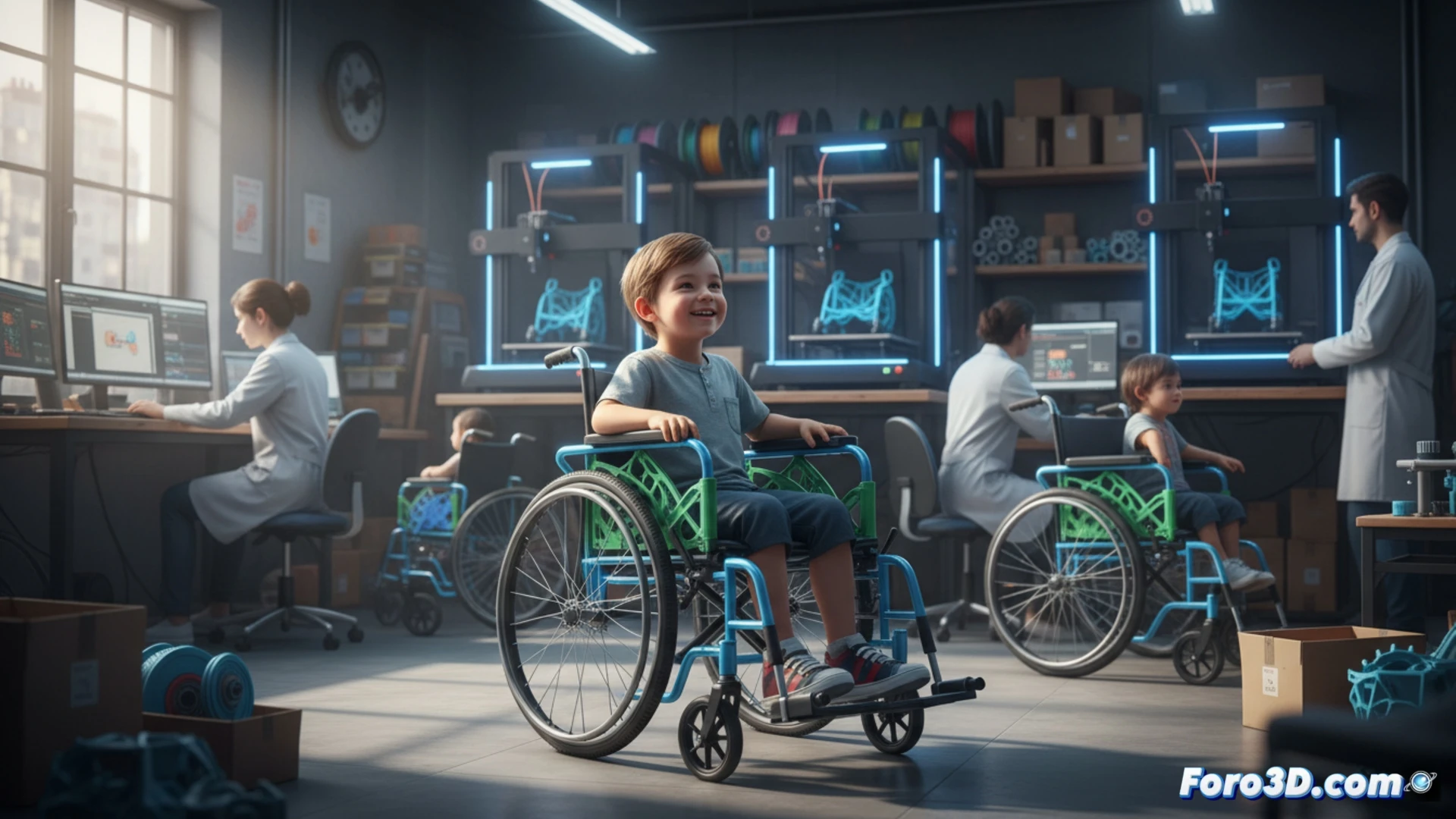 A child sitting in a custom 3D printed wheelchair while a technician adjusts the seat support and lightweight frame, a desktop 3D printer nearby actively printing a colorful ergonomic backrest component, computer monitor displaying CAD software with a child-specific wheelchair model, workshop environment with filament spools and tools, bright natural lighting, photorealistic engineering visualization, clean modern fabrication lab, detailed layer lines visible on printed parts, action of measuring and fitting demonstrated, no text or numbers anywhere