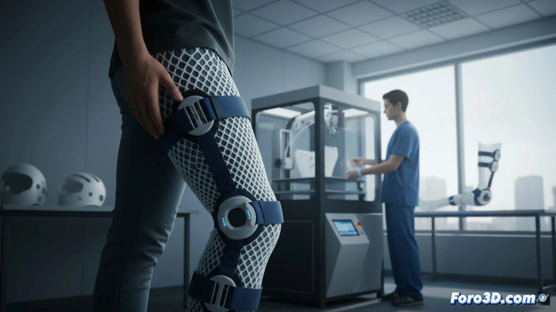 medical 3D printer nozzle depositing lightweight lattice-structured orthosis material, baby skull orthosis being fitted onto an infant mannequin by a robotic arm, breathable mesh pattern visible on the leg support brace, digital twin model displayed on a monitor showing real-time adjustment parameters, photorealistic engineering visualization, white clean clinical environment, soft diffused lighting, translucent polymer layers with visible gradient thickness, ultra-detailed surface texture of the medical device, cinematic macro shot capturing the printing process and fitting action simultaneously