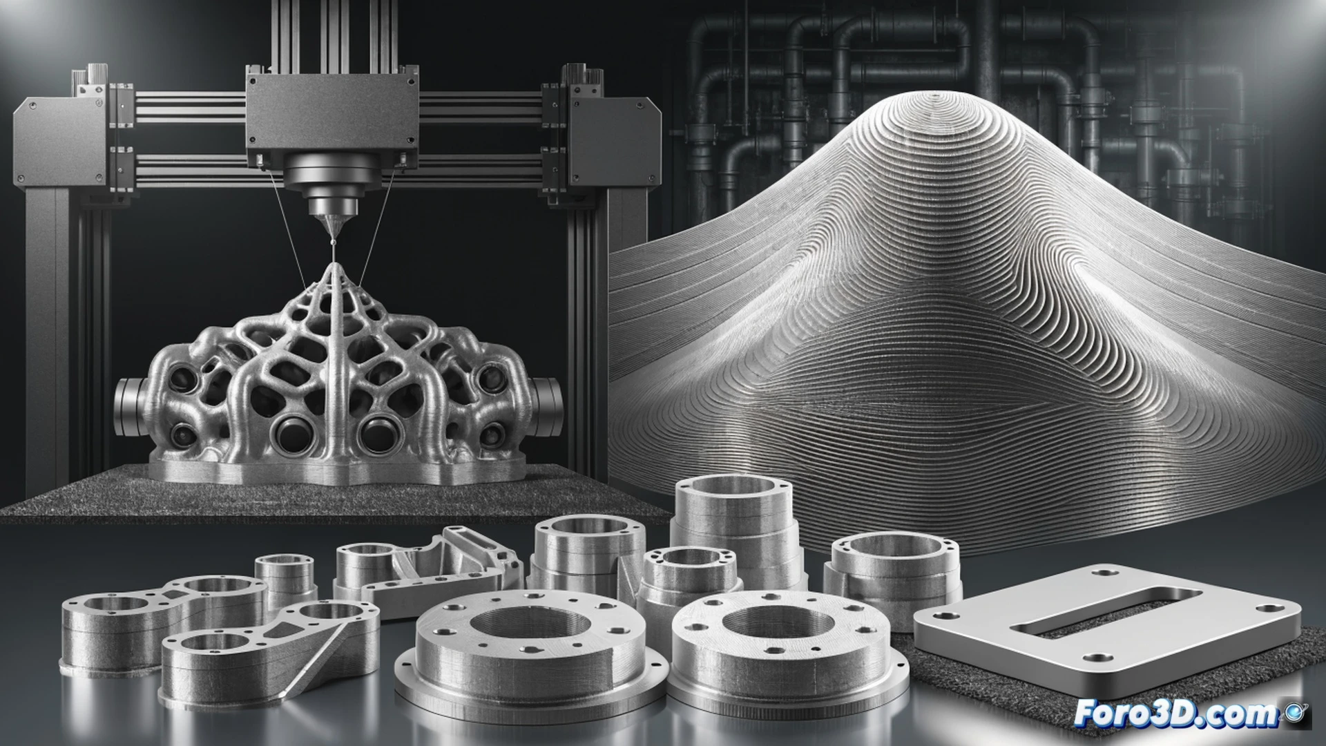Photorealistic engineering visualization of a military 3D printer rapidly fabricating a metallic drone component inside a high-tech defense logistics facility. A technician in uniform observes the printing process while a holographic interface displays a CAD model of the part, cost reduction graphs, and a countdown timer showing hours instead of months. Nearby, a row of identical finished pieces sits next to a single traditionally manufactured counterpart, visually demonstrating ten parts for the price of one. Bright industrial lighting highlights the printer nozzle depositing material layer by layer, with subtle motion blur on the moving print head. Clean, futuristic workshop environment, metallic and matte black surfaces, sharp focus on mechanical precision.