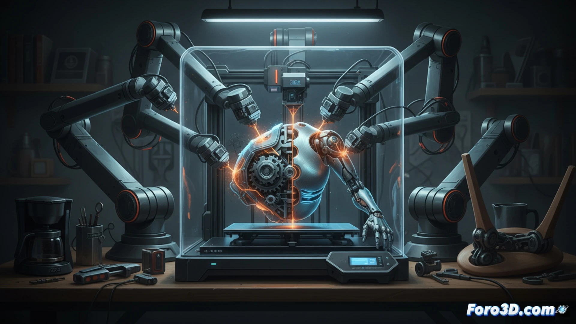 Photorealistic technical illustration of a multi-axis 3D printer in action, printing a complex mechanical bracket from multiple angles simultaneously, print head rotating 45 degrees while depositing filament onto a curved overhang layer, layer lines seamlessly merging without visible weak points, a nearby workbench with a broken appliance being repaired using a printed replacement part, software interface on a tablet showing real-time print path visualization with rotation axes highlighted, warm workshop lighting, metallic printer frame with visible linear rails and stepper motors, ultra-detailed filament strands bridging gaps smoothly, cinematic engineering visualization.