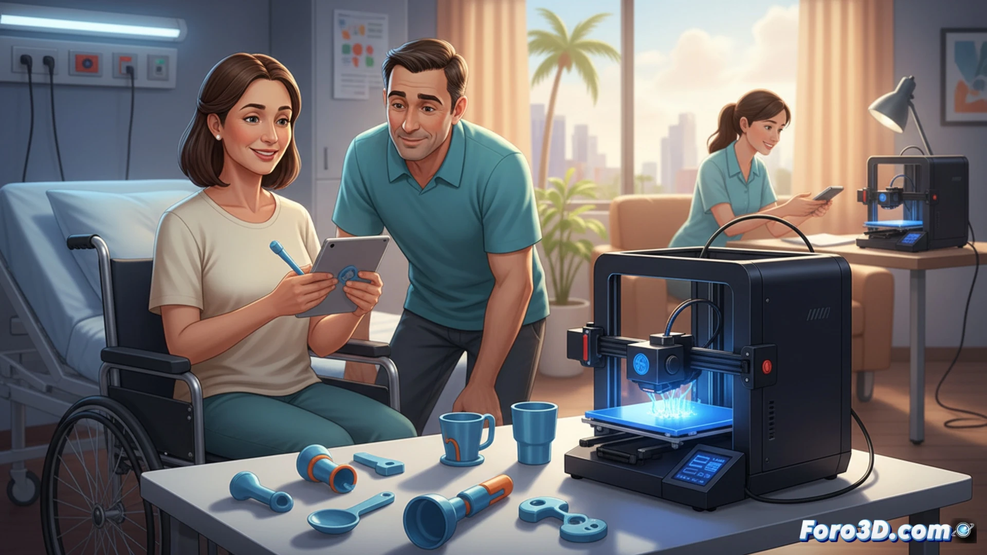 Hospital room interior, 3D printer extruding a custom ergonomic phone holder in blue PLA filament, occupational therapist adjusting a patient's grip on a modified spoon handle, patient with ALS using eye-tracking software on a tablet while testing the new assistive device, technical engineering visualization, strong side lighting from window, metallic printer components visible, detailed layer lines on printed part, warm medical environment, photorealistic cinematic style