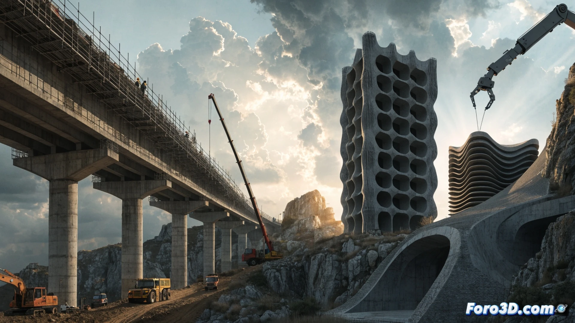 Photorealistic engineering visualization of a half-built public recycling center, robotic 3D printing arm actively extruding layered concrete walls on-site, construction workers standing idle nearby watching the automated process, traditional concrete mixer trucks parked unused in background, digital blueprint interface floating beside the printer showing real-time structural data, morning sunlight casting long shadows over the construction site, dust particles illuminated in the air, contrast between modern additive manufacturing equipment and conventional idle machinery, ultra-detailed mechanical components, cinematic industrial lighting, technical infrastructure scene demonstrating unused advanced technology