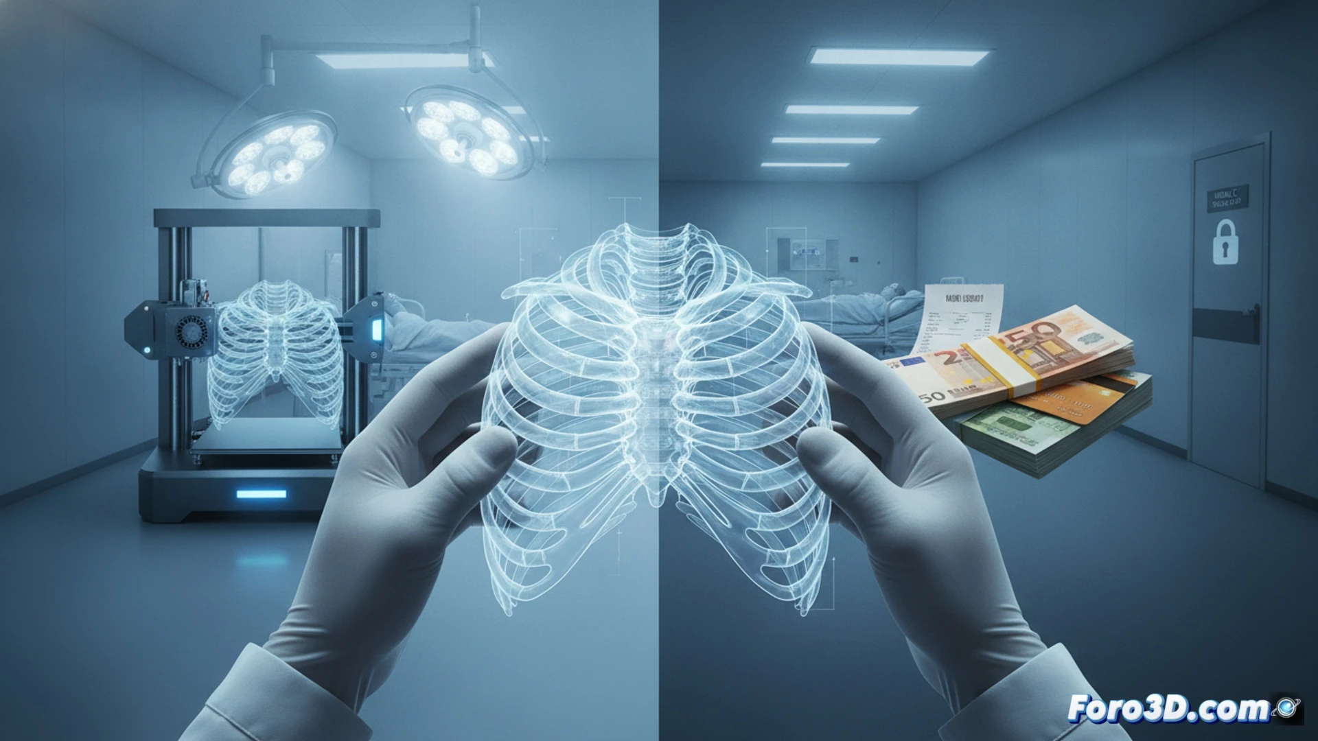 Cirugía robótica asistida mostrando una prótesis torácica personalizada de titanio siendo insertada mediante impresión 3D en el esternón hundido de un paciente, con brazos robóticos sosteniendo la pieza biomédica mientras un monitor quirúrgico muestra el modelo CAD en tiempo real, luces quirúrgicas LED iluminando la escena, fondo de quirófano estéril con instrumentos metálicos y pantallas táctiles, estilo visualization técnica fotorrealista con texturas de metal pulido y plástico médico translúcido, sombras suaves y contraste dramático, detalle hiperrealista en las costillas artificiales y la estructura reticular de la prótesis.