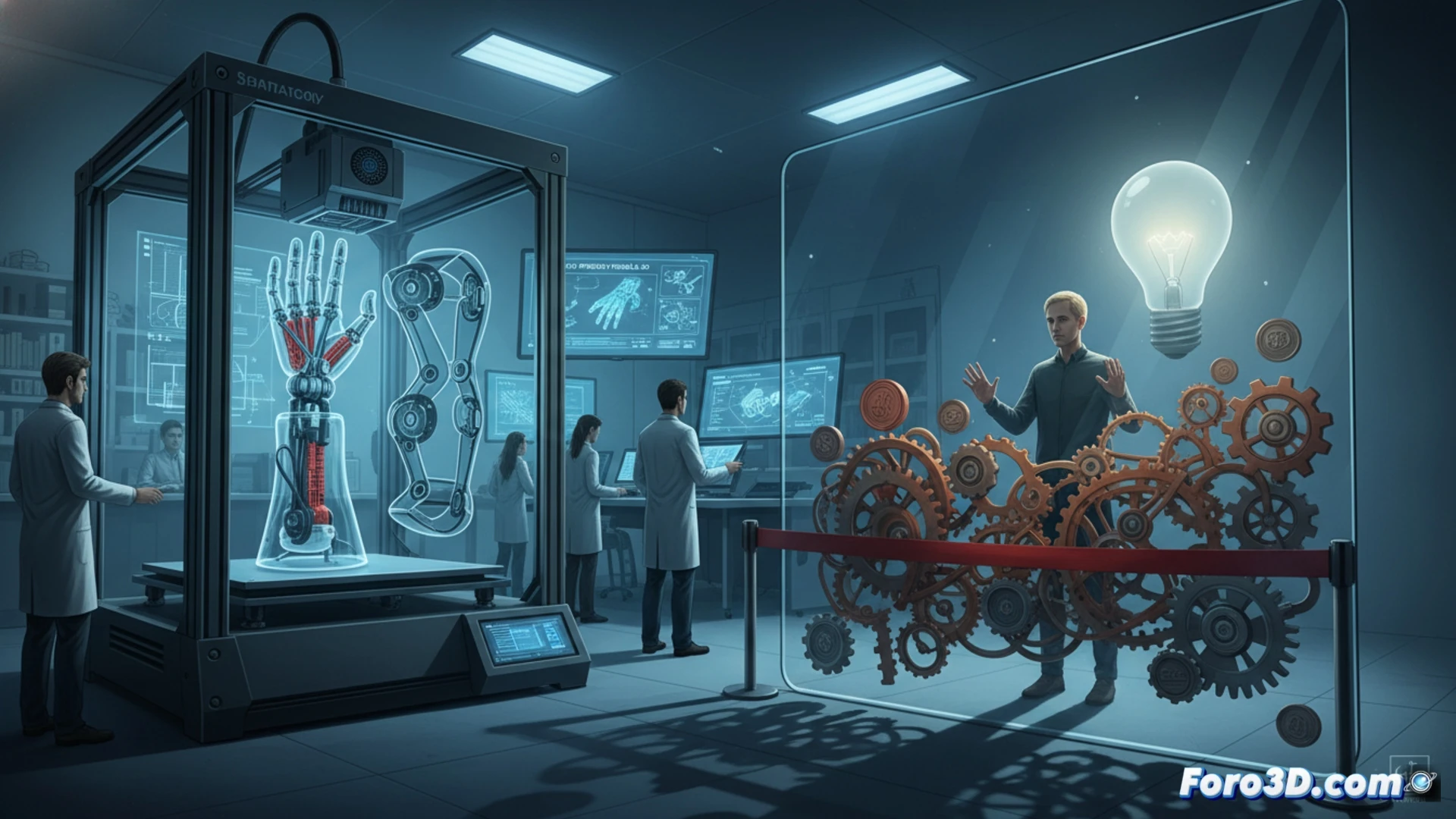 Photorealistic engineering visualization of a 3D printer extruding a custom medical splint, printer nozzle depositing white filament layer by layer, a human hand model beside it with a broken wrist, digital blueprint of the splint floating on a tablet screen, hospital bed in blurred background, paperwork stamped with DENIED in red, bureaucratic chains wrapped around the machine, cold metallic lighting, sterile clinical environment, dust particles suspended in air, frustrated doctor watching from behind glass, ultra-detailed mechanical components, cinematic depth of field, technical illustration style