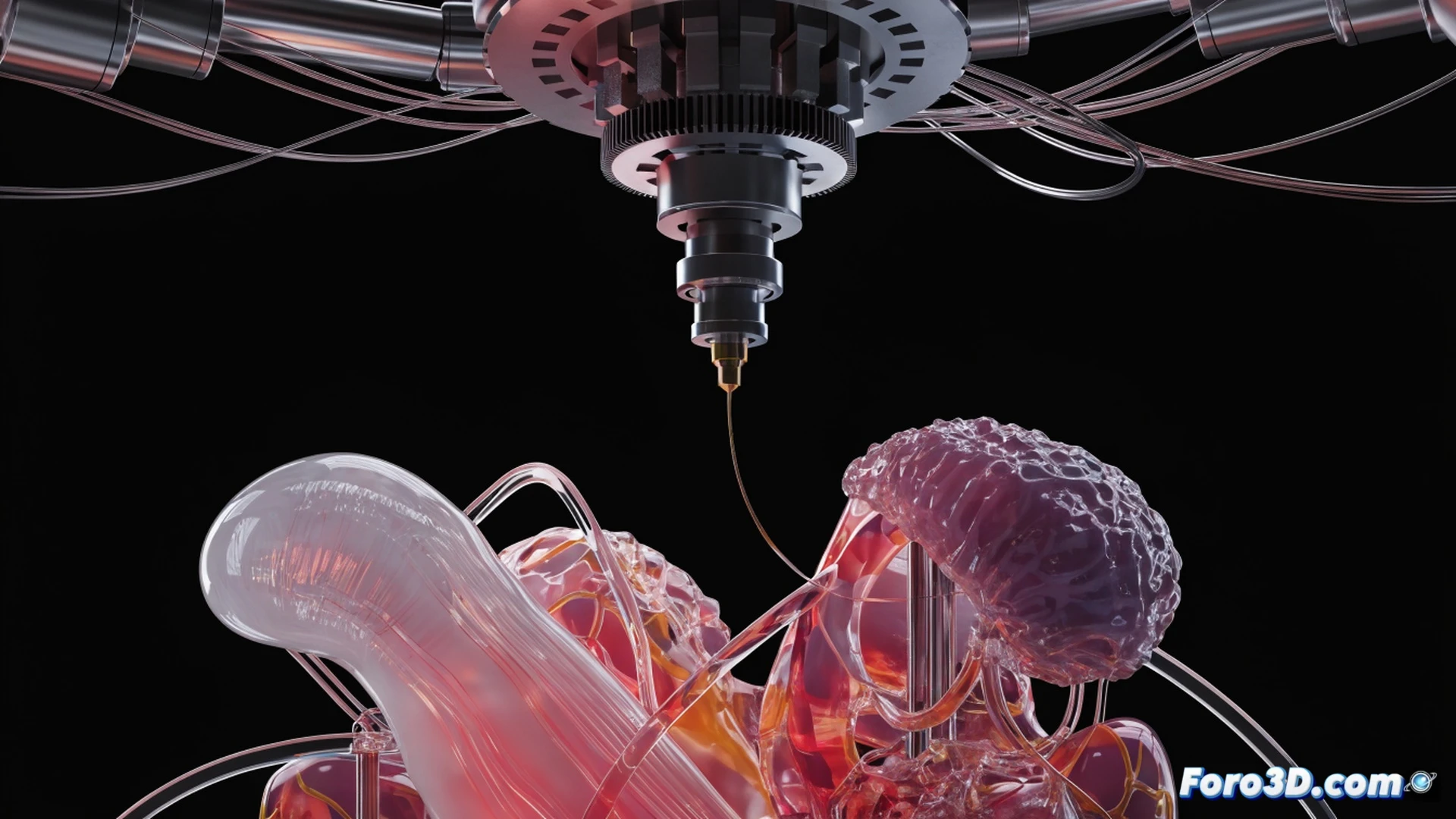 photorealistic medical engineering visualization, 3D printer nozzle extruding biocompatible polymer layer by layer onto a surgical implant scaffold, robotic arm precisely positioning a custom hip implant during additive manufacturing, surgical planning software screen glowing in background showing 3D bone model with implant overlay, sterile white laboratory environment, blue LED indicator lights on printer chassis, fine powder particles settling on build plate, macro lens focus on extrusion tip and melting filament, dramatic side lighting highlighting layer texture, ultra-detailed mechanical components, clean clinical atmosphere, cinematic depth of field