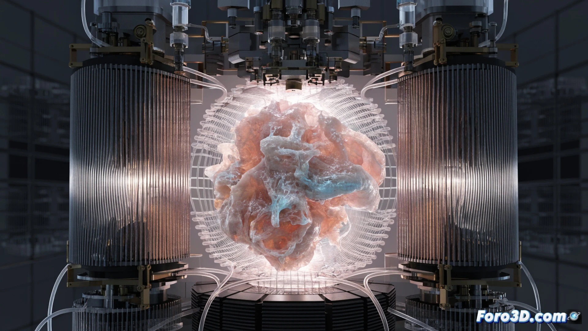 volumetric 3D bioprinting process, living cells suspended in transparent hydrogel being formed into a complex vascular tissue structure inside a rotating glass vial, laser beams converging from multiple angles to solidify the scaffold without damaging cells, visible cell nuclei glowing softly green, precise robotic arm positioning the vial, minimalist lab environment with blue ambient lighting, high-tech medical equipment in background, ultra-detailed microscopic cellular textures, photorealistic scientific visualization, cinematic depth of field