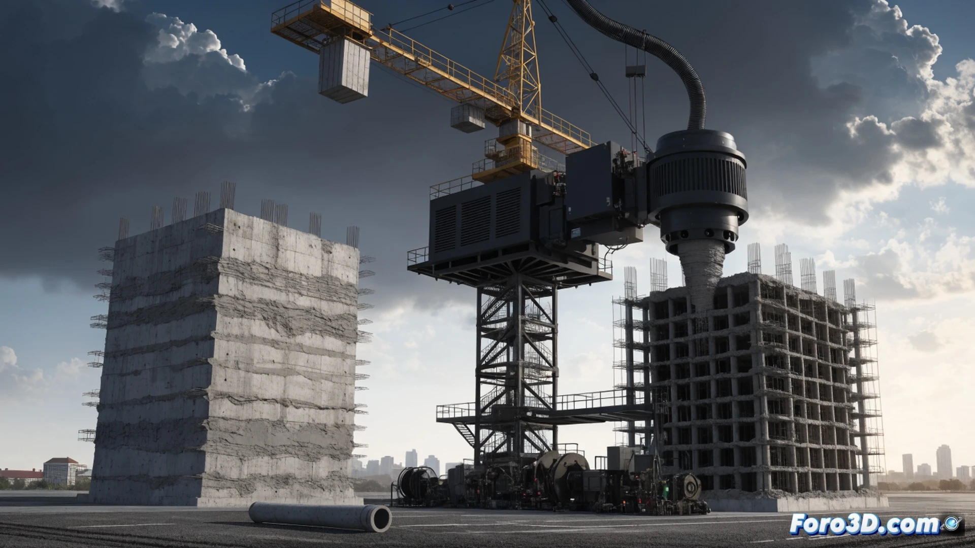 A construction site at dawn, a massive tower crane suspends a large-scale concrete 3D printer, the ASCEND A27, actively extruding a curved building wall layer by layer. A vertical column of a 100-meter structure rises behind it, half-finished. Workers in hard hats monitor a holographic control tablet showing real-time layer data. Concrete hoses snake down the crane mast. Dust and mist float in the air. Cinematic photorealistic engineering visualization, dramatic low-angle sunlight, hyper-detailed mechanical arms, nozzle depositing wet concrete with visible texture, steel rebar cages visible inside open wall sections, glowing blue interface screens, industrial construction atmosphere, sharp depth of field, raw industrial aesthetic.
