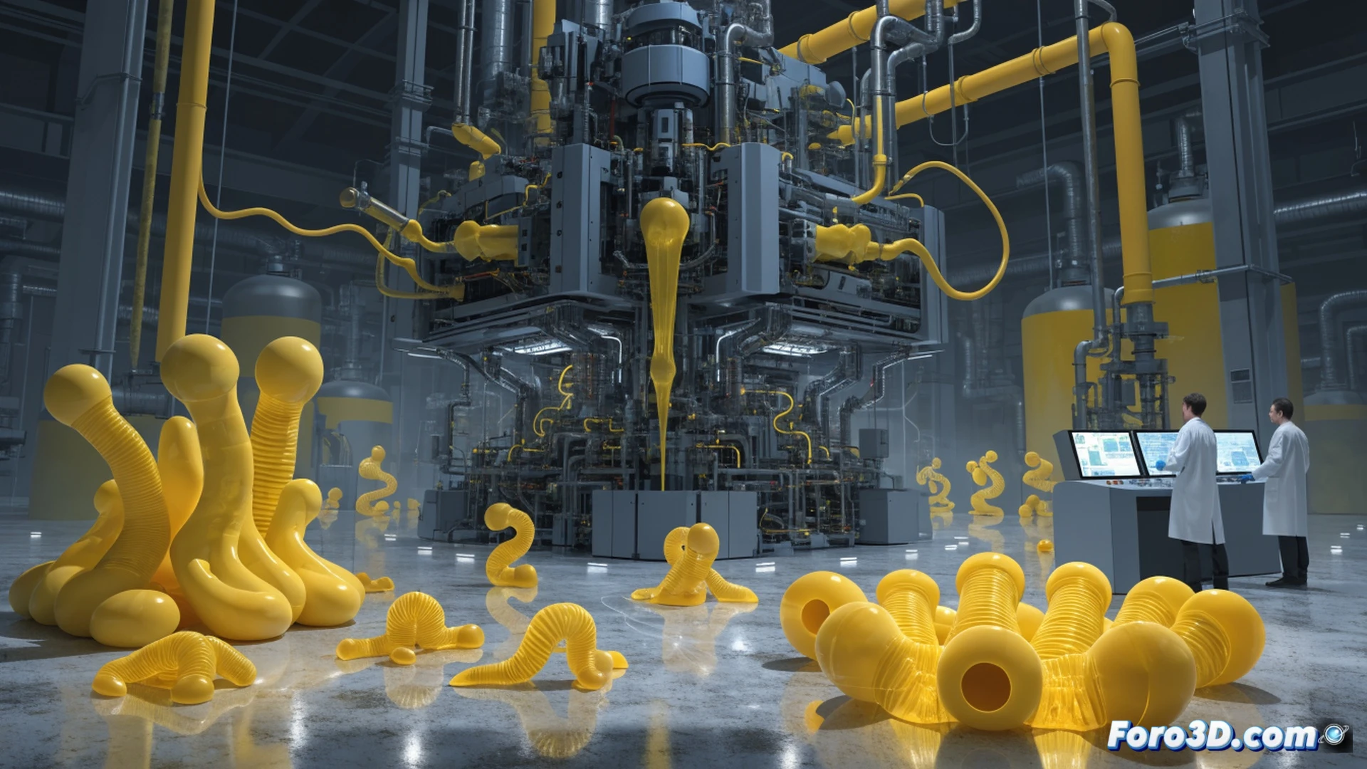 microscopic soft robot assembly line, sulfur particles being extruded from a 4D printer nozzle, a thumb-sized translucent robot bending its shape under a beam of light while a magnetic field activates its movement, robotic gripper handling the recyclable material, engineering visualization style, clean white laboratory background, sharp focus on the printing process, glowing blue light projection, metallic printer components with transparent polymer layers, photorealistic technical render, cinematic studio lighting, high detail on material texture and mechanical joints