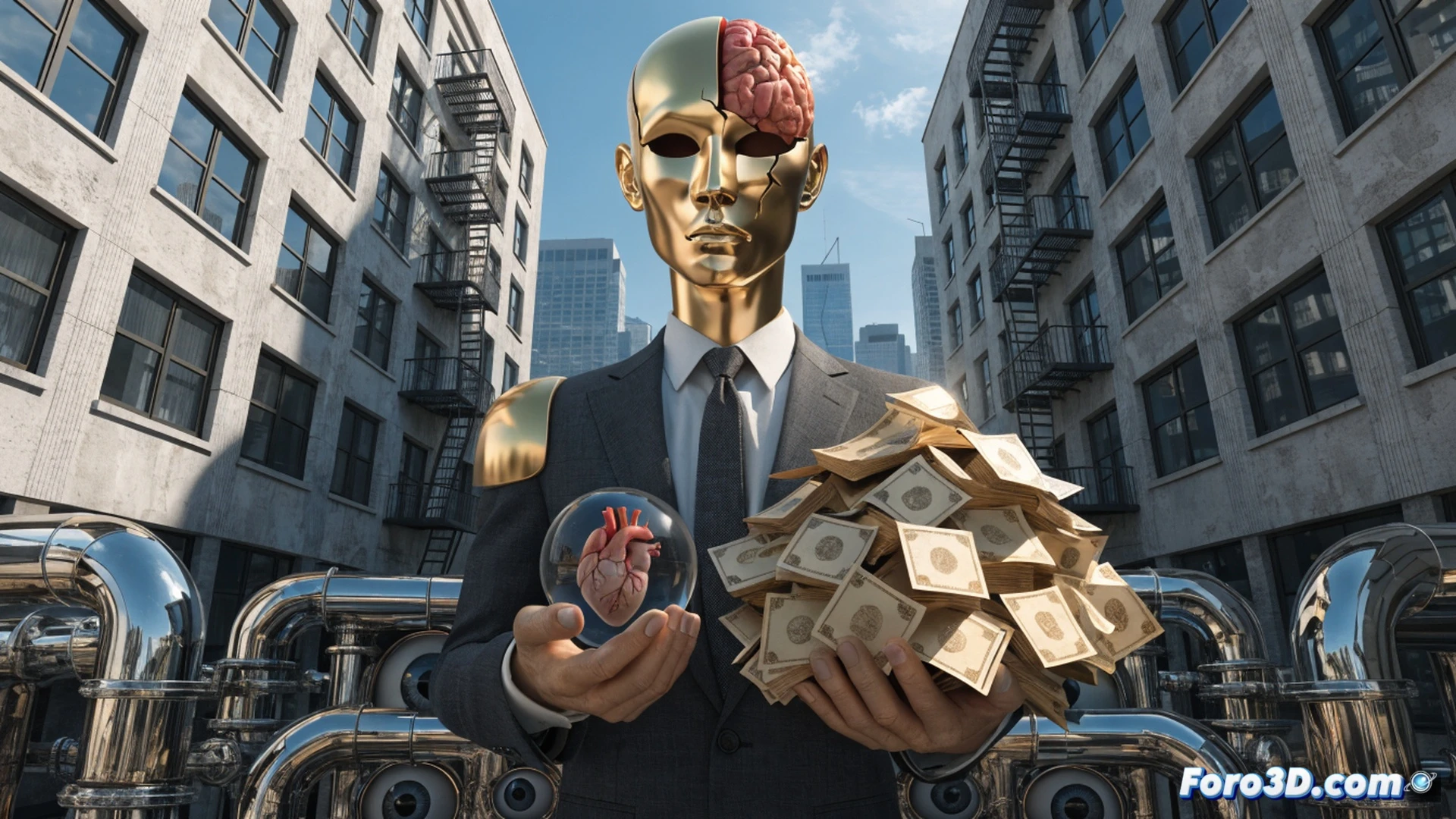 photorealistic scene of a billionaire tech CEO standing in a sleek glass office, one hand pressing down a large red tax exemption button on a control panel, while a transparent holographic screen shows a collapsing public hospital budget graph, background servers and fiber optic cables symbolize the infrastructure they exploit, dramatic cinematic lighting, metallic reflections, tense corporate atmosphere, ultra-detailed engineering visualization