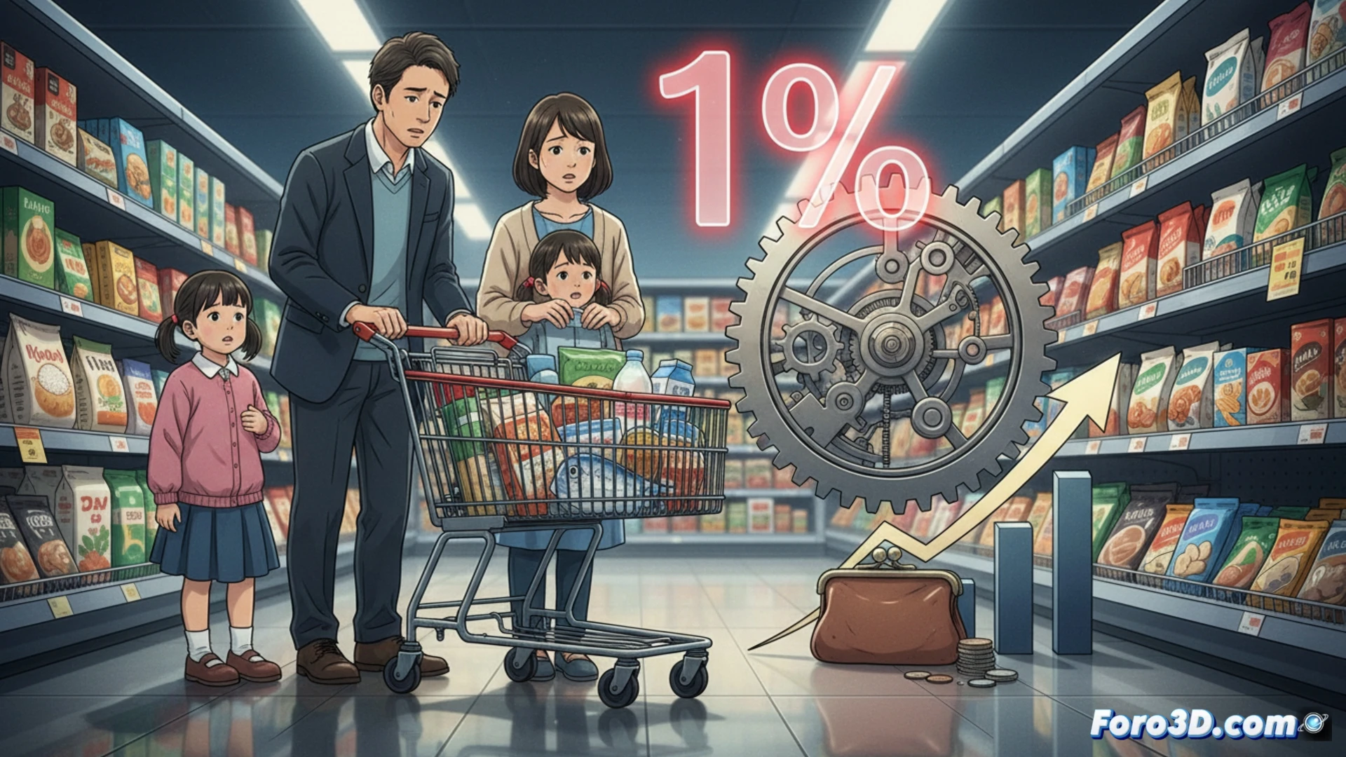 Japanese supermarket checkout counter, cashier scanning a carton of milk and a bag of rice, digital price display shifting from zero-tax to one-percent tax in red digits, small green LED indicator showing system update in progress, customer holding a thin wallet looking at the screen, receipt printer extruding a long paper strip with tiny price increments highlighted, plastic shopping basket with basic food items, realistic retail lighting, photorealistic technical illustration, shallow depth of field focusing on the tax percentage change on the register screen, subtle motion blur on the scanning action, ultra-detailed barcode scanner and keypad, dramatic shadow from overhead fluorescent lights