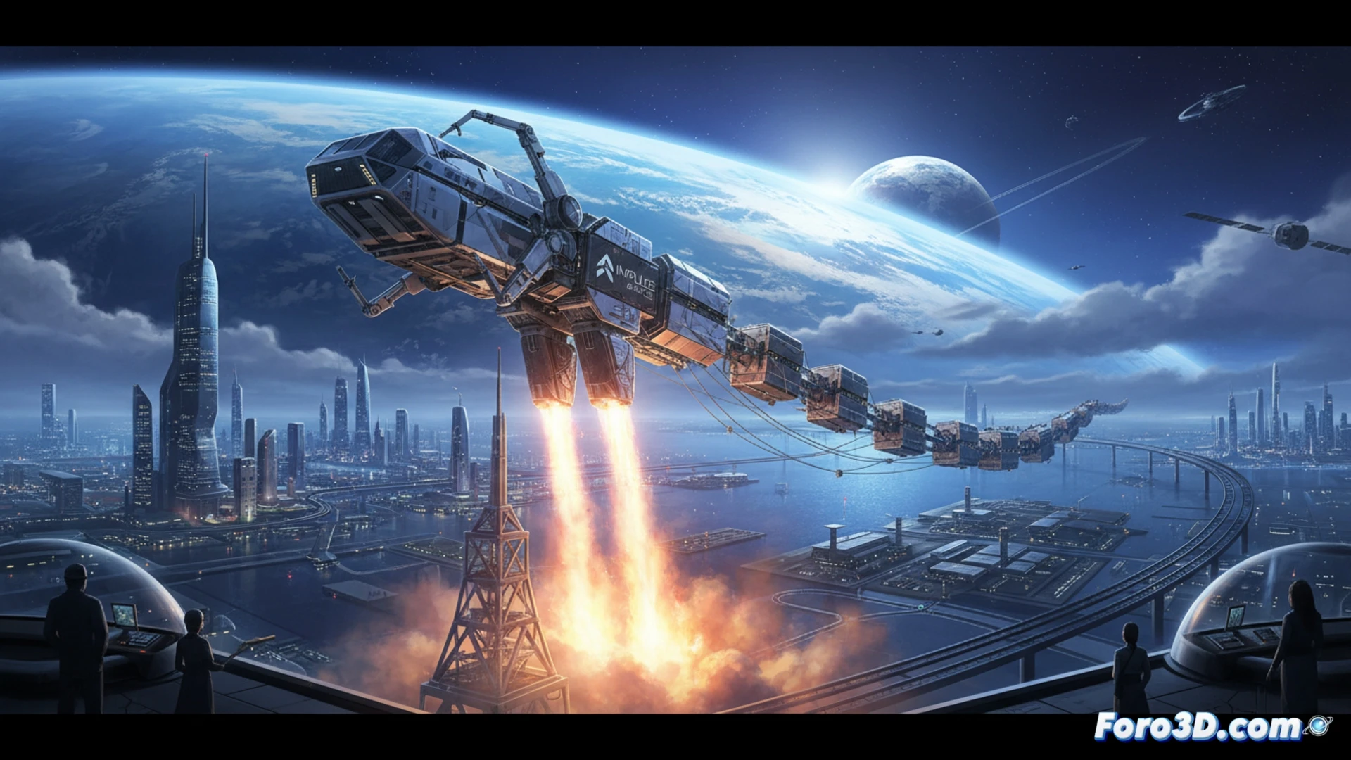 A spacecraft tug docking with a satellite in low Earth orbit, metallic robotic arm extending from the tug to secure the satellite while blue ion thruster plumes fire softly against the black void, Earth curvature visible below with glowing city lights on the night side, orbital debris particles drifting past, technical engineering visualization with cross-section schematics of thruster and fuel tank, photorealistic cinematic lighting, ultra-detailed mechanical joints and solar panel textures