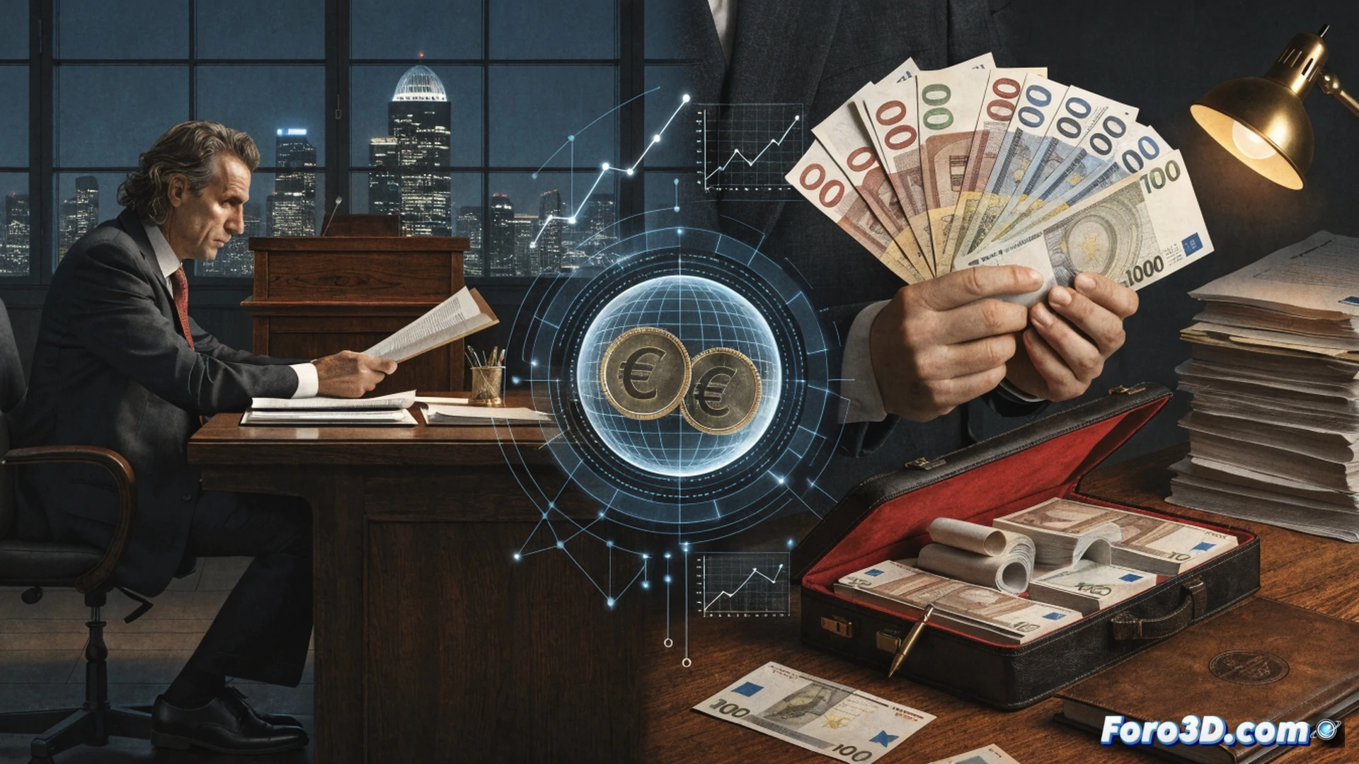 Photorealistic cinematic scene of a wooden pellet production facility interior, a senior executive in a dark suit handing a thick envelope to a government official near a Sepi logo plaque on the wall, a massive industrial pellet press machine in the background with raw biomass conveyor belts, stacks of credit documents and a calculator on a metal desk, dramatic shadows from overhead factory lights highlighting the exchange, forensic-style lighting, dust particles floating in air, ultra-detailed mechanical components, tension in body language, technical report folders open on table, photorealistic engineering visualization