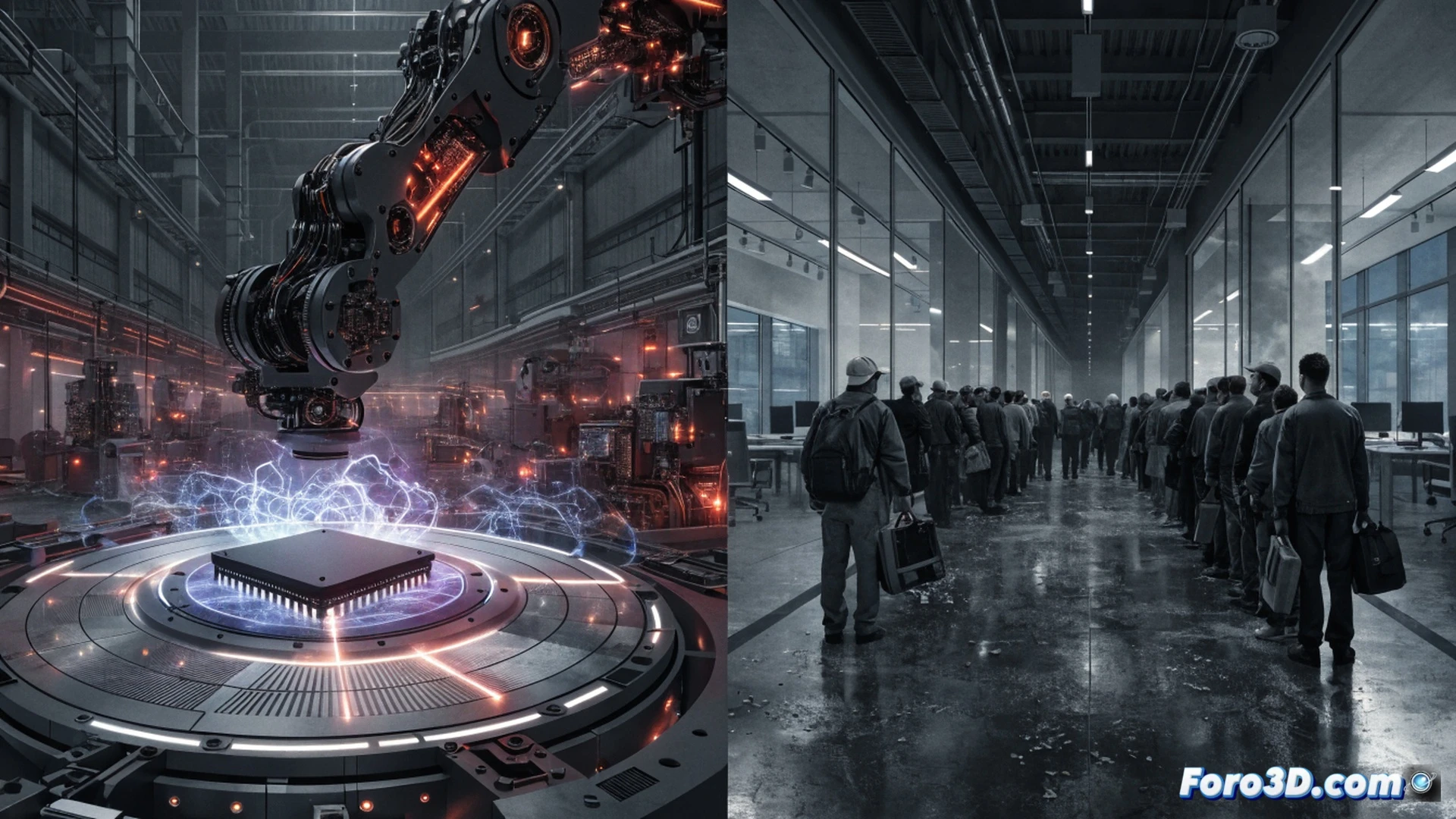 industrial robot arm with glowing AI interface overlay, automated assembly line showing precision machining, holographic process optimization charts floating above machinery, factory worker silhouette walking away from machine, empty workstation in background, cinematic engineering visualization, cold blue and amber industrial lighting, metallic surfaces reflecting data streams, photorealistic technical render, dramatic contrast between advanced automation and human absence, realistic factory floor environment, ultra-detailed mechanical components