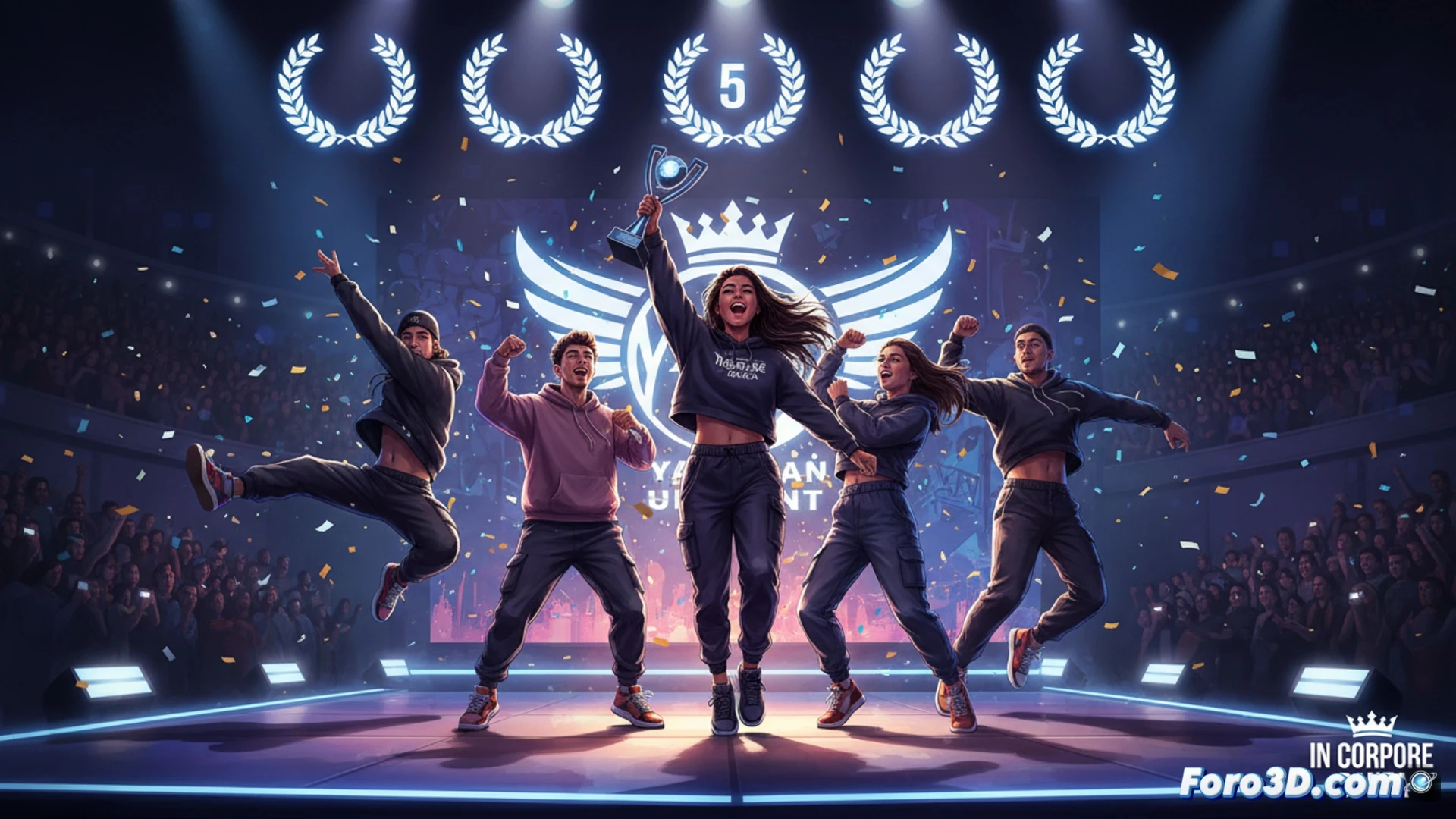 grupo de bailarines urbanos ejecutando coreografía sincronizada sobre escenario iluminado con focos led, movimiento congelado en salto simultáneo, sudor y tensión muscular visibles, ropa holgada y zapatillas deportivas, fondo de pantalla gigante con gráficos de competición, trofeos metálicos brillando en primer plano, cámara lenta cinematográfica, luces de escenario en tonos fríos y cálidos, humo escénico, photorealistic render, acción dinámica, energía de competencia, estilo callejero