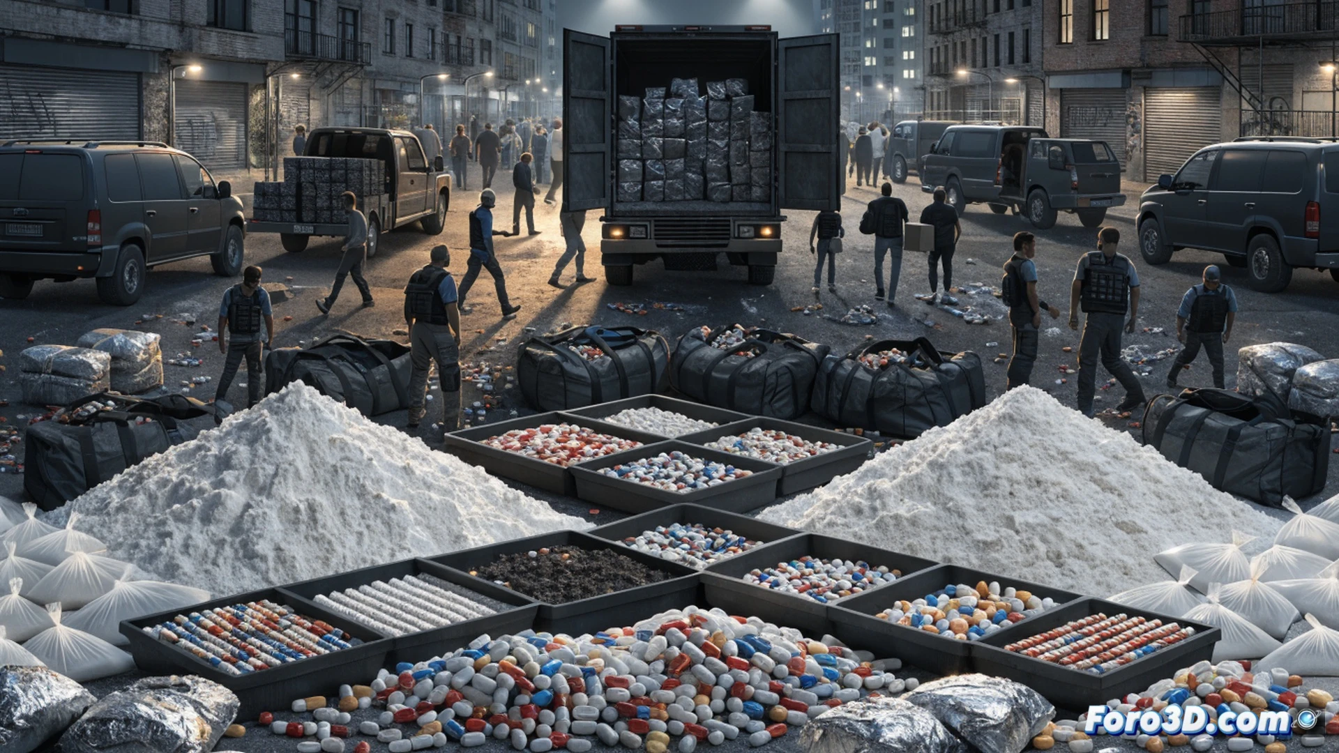fentanyl pill press machine crushing under its own hydraulic weight, synthetic drug powder spilling across industrial floor, law enforcement gloves attempting to collect scattered tablets while new pills multiply from hidden molds in background, broken DEA seal on wall, cinematic technical visualization, cold blue fluorescent lighting, dust particles suspended in air, metallic gears jammed with crystalline residue, photorealistic industrial scene showing process failure, dramatic shadows emphasizing contradiction between seizure effort and unstoppable production