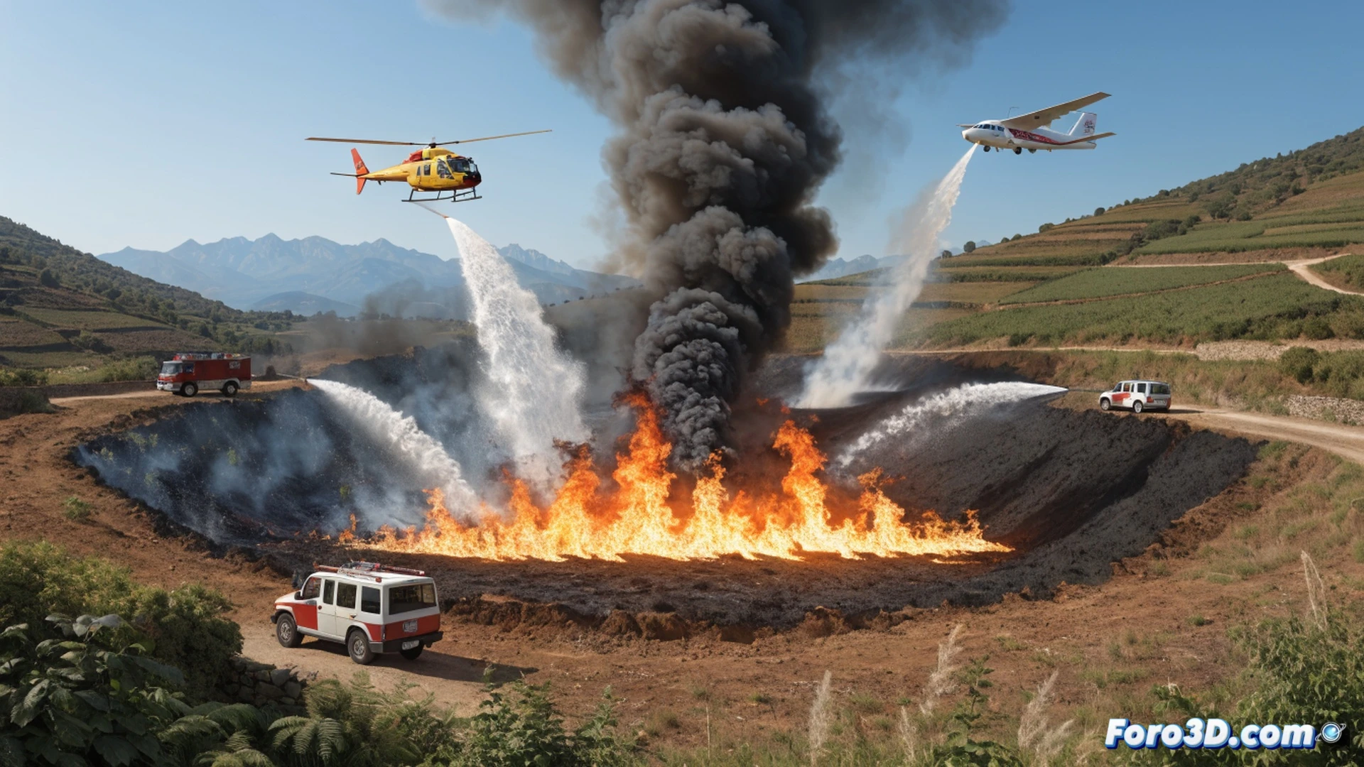 aerial view of an agricultural fire in Can Trujillo Inca, flames consuming dry brush near cultivated fields, a red Ibanat helicopter dropping a cascade of water from its belly tank directly onto the fire front, a yellow Bombers de Mallorca fire truck positioned on a dirt road with firefighters deploying a hose line, smoke billowing upward under intense Mediterranean sunlight, photorealistic cinematic style, high contrast between orange flames and blue sky, ultra-detailed vegetation and terrain, dramatic action captured mid-extinguishing process, realistic smoke textures and heat haze distortion