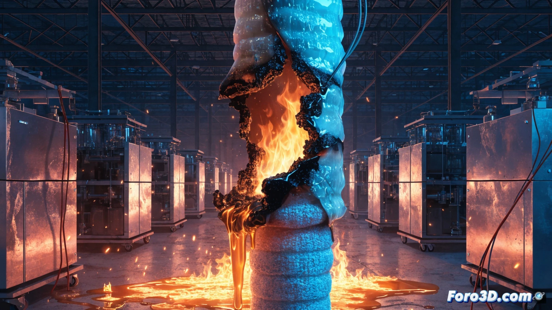 Battery storage facility fire simulation, membrane failure origin, electrolyte leaking from cracked polymer separator inside a flow battery stack, bright orange flames spreading across metallic racking, PyroSim thermal plume rising through warehouse ceiling, CloudCompare point cloud analysis overlay showing heat distribution contours, smoke filling upper volume while fire suppression system activates, cinematic engineering visualization, dramatic red-blue lighting contrast, photorealistic technical render, ultra-detailed battery cell components melting under intense heat