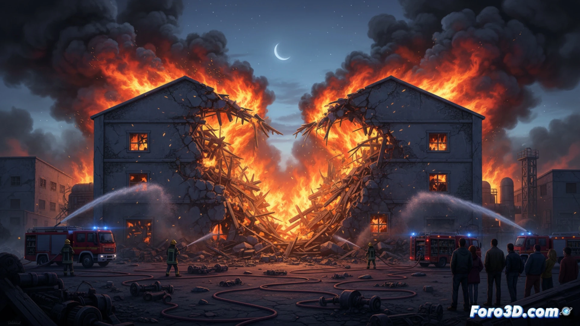 industrial warehouse fire aftermath, two large metal structures collapsed with twisted beams and smoldering debris, smoke rising from blackened machinery and scattered tools, firefighter silhouettes spraying water near a forklift with melted tires, broken windows and charred walls, concrete floor covered in ash and burnt pallets, technical illustration style, cinematic wide-angle shot, dramatic orange glow from embers, dark grey smoke clouds, high contrast lighting, photorealistic industrial disaster scene