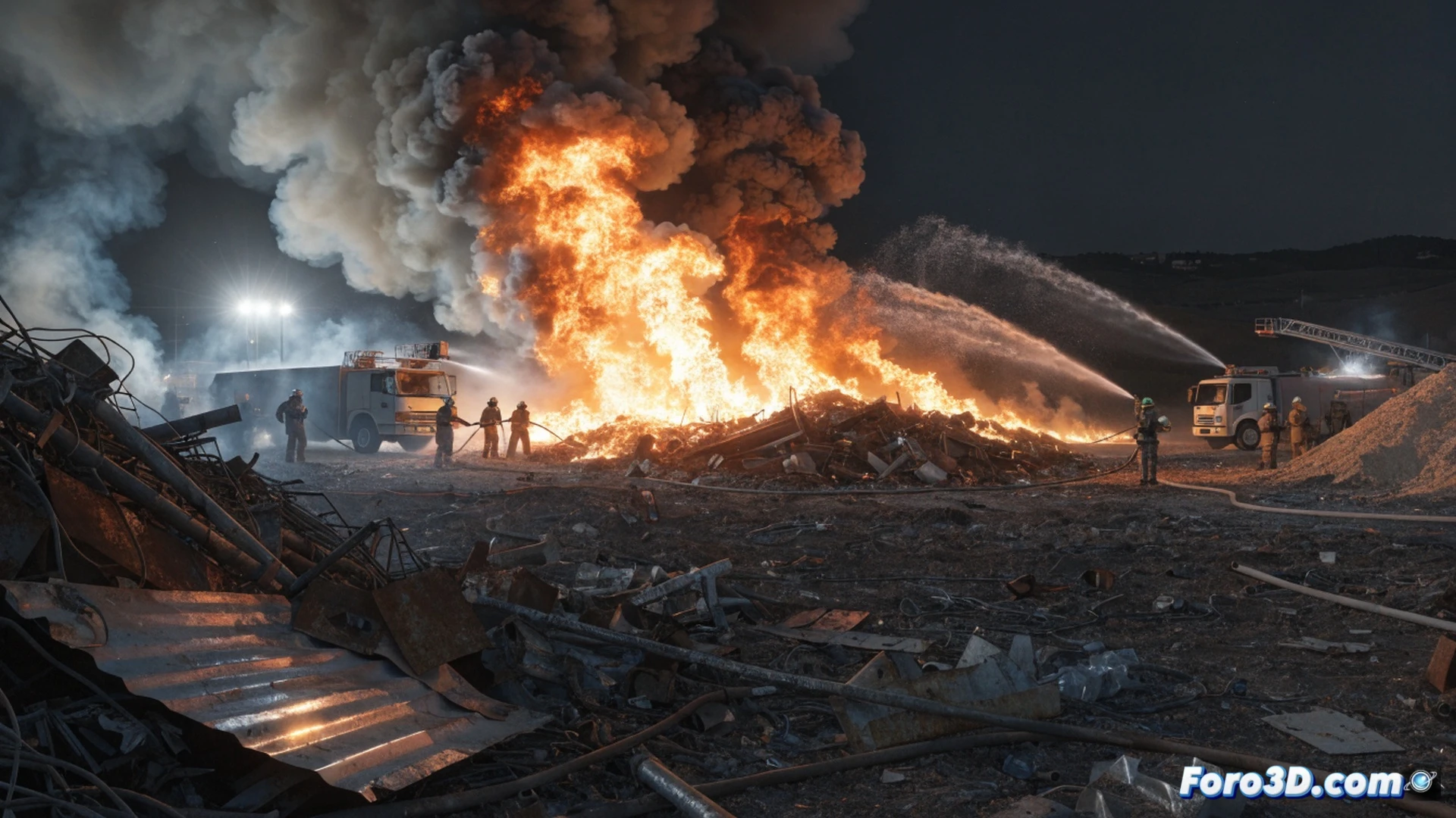 Large outdoor recycling yard at night, Parque Tecnologico de Reciclado Zaragoza, towering piles of shredded plastic and scrap metal burning intensely, orange flames rising high, thick black smoke drifting across the area, fire trucks with flashing lights positioned around the perimeter, firefighters in full gear aiming high-pressure water hoses at the blaze, glowing embers floating in the air, heavy machinery like bulldozers and excavators moving debris to create firebreaks, dramatic cinematic lighting with stark contrasts between fire glow and dark sky, photorealistic industrial emergency scene, wide-angle shot capturing scale of operation, smoke particles suspended in atmosphere, ultra-detailed textures of burnt materials and wet surfaces