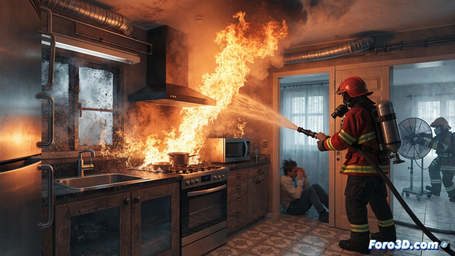 kitchen fire emergency response, firefighters in full gear entering smoke-filled apartment, one firefighter using a thermal imaging camera to scan the stove area, another firefighter operating a high-pressure extinguisher on small flames, kitchen cabinets and countertop with visible smoke damage, open balcony door for ventilation, a paramedic comforting a distressed woman in the hallway, realistic smoke and water spray effects, dramatic orange and blue lighting, photorealistic technical illustration, detailed firefighting equipment and safety gear, cinematic action scene