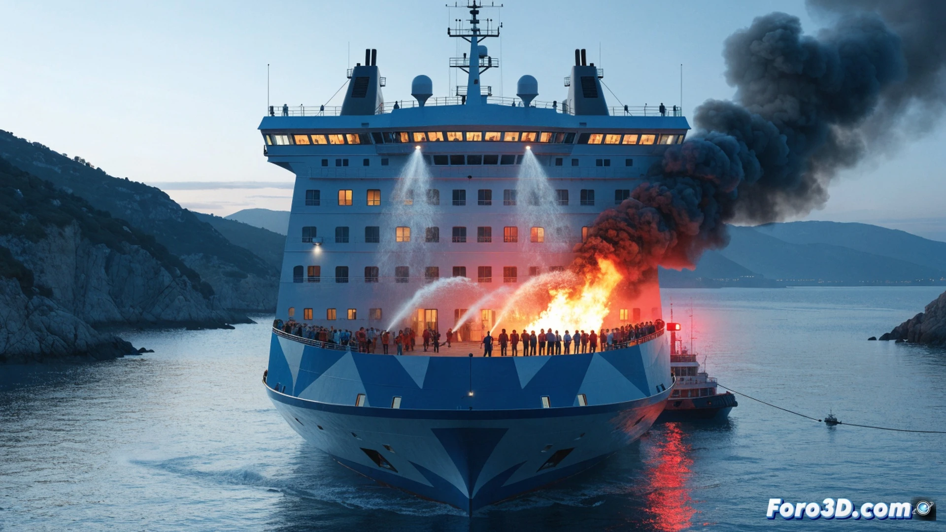 large ferry GNV Azzurra stopped at sea off Corsica coast, smoke rising from engine room vents on deck, crew members in orange safety vests standing at railing monitoring situation, a tugboat approaching from distance with wake visible, passengers visible through portholes sitting in waiting areas, calm sea surface reflecting grey sky, realistic maritime scene with industrial details on ship hull and deck machinery, cinematic lighting with overcast atmosphere, photorealistic technical illustration, clear view of ship structure and emergency equipment