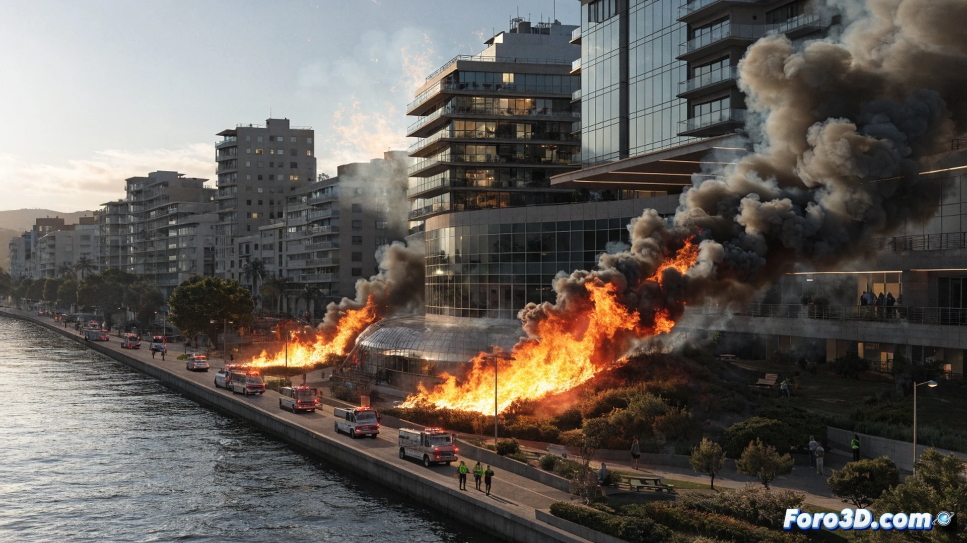 Forest fire in urban park, flames consuming dry grass and shrubs near El Malecón, smoke plume rising over Murcia skyline, emergency fire truck with flashing lights arriving, firefighters deploying hose lines while spraying water at advancing fire front, residential buildings visible in background, haze and glowing embers in air, cinematic photorealistic visualization, dramatic dusk lighting, smoke particles scattering light, urgent action scene, wide-angle perspective showing scale of threat to houses