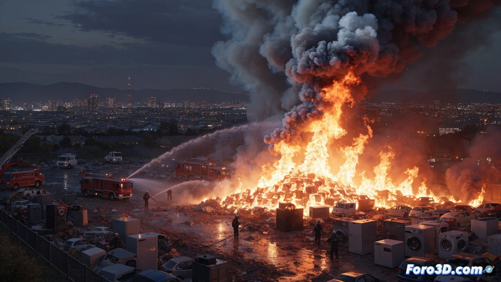 parque de reciclaje industrial nocturno, montañas de electrodomésticos y vehículos aplastados ardiendo, densa columna de humo negro tóxico elevándose hacia el cielo oscuro, bomberos con cascos y mangueras rociando agua sobre las llamas, camión de bomberos con luces estroboscópicas rojas y azules iluminando la escena, partículas de ceniza y hollín flotando en el aire, atmósfera contaminada y peligrosa, estilo cinematográfico fotorrealista, iluminación dramática de emergencia, texturas metálicas quemadas y carbonizadas, composición de gran angular mostrando la escala del desastre
