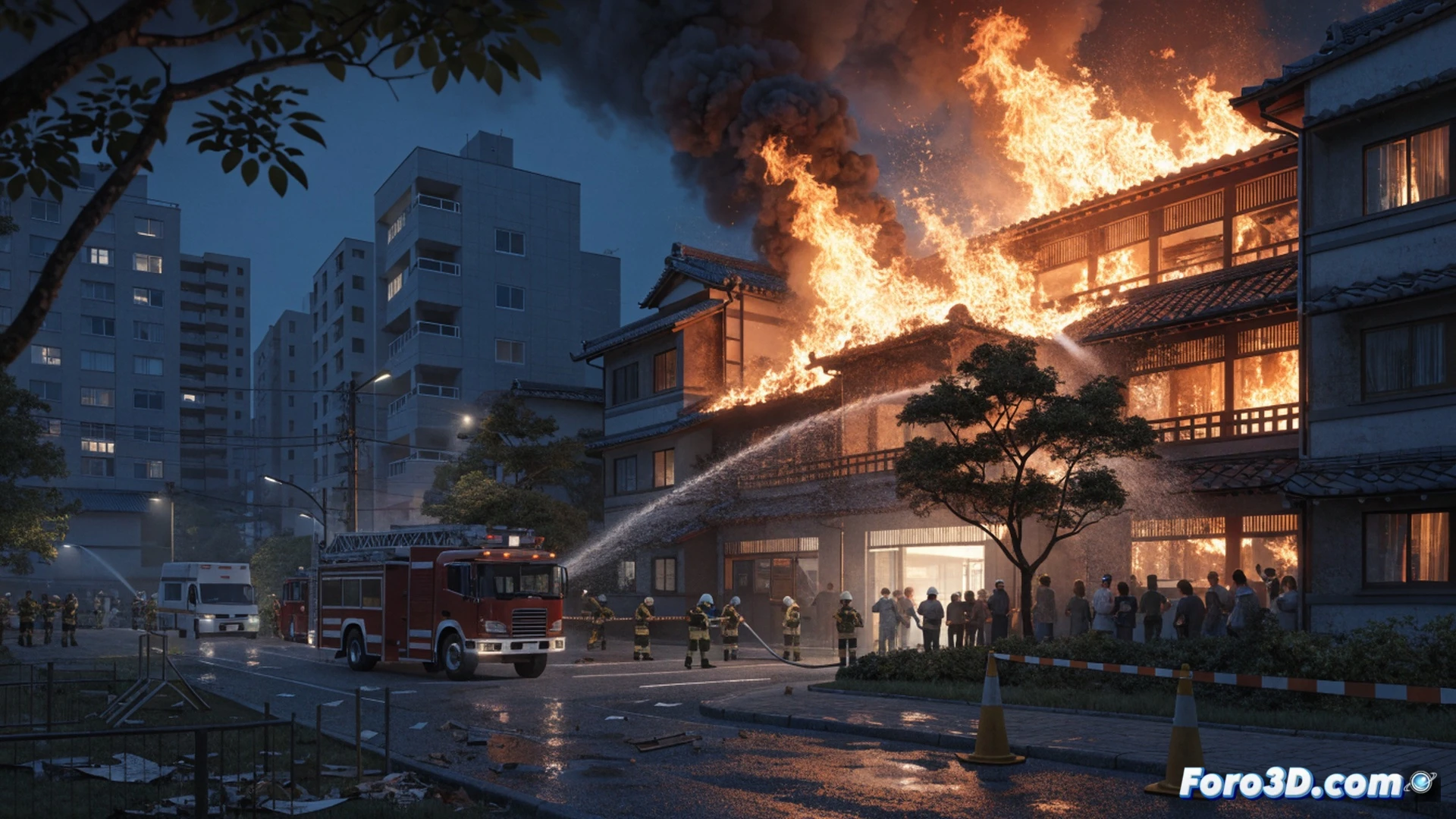 Elementary school building in Tokyo, smoke billowing from a second-floor window at 11 am, firefighters in yellow helmets and black uniforms assembling a ladder truck, hoses unrolling on asphalt, shattered glass on the ground, teachers guiding children in blue uniforms away from the building, emergency vehicles with flashing red lights, realistic photojournalistic style, overcast daylight, dust particles in the air, dramatic emergency lighting, ultra-detailed urban scene, cinematic documentary visualization