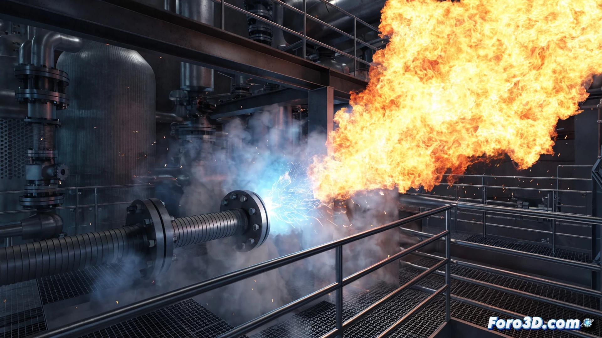 high pressure hydrogen storage facility, micro-leak at flange joint igniting, blue-white flame jet expanding into virtual 3D explosion simulation, FARO Scene laser scan point cloud visible as ghostly grid around the pipework, FLACS CFD fire propagation showing layered temperature contours, safety barriers partially melting, metallic pipes glowing red near ignition source, cinematic engineering visualization, dramatic contrast between cold blue hydrogen flame and orange secondary fire, realistic steel textures, smoke mixing with clear flame, ultra-detailed industrial environment, photorealistic technical render