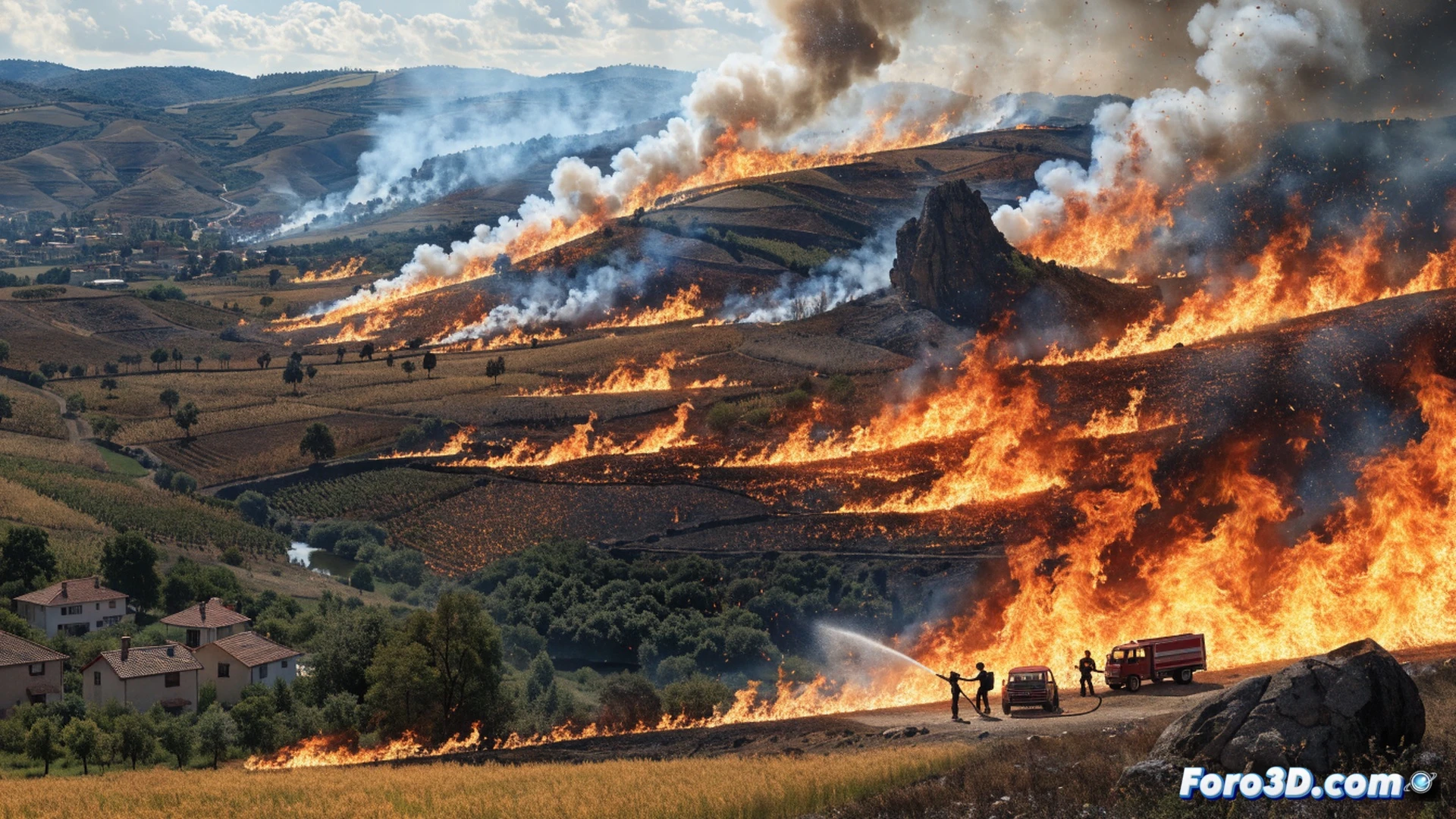 agricultural fire spreading across dry wheat field in La Litera, harvest machine with visible spark emission from metal blade hitting rock, flames climbing dry stubble under strong wind, smoke column rising into orange sky, firefighter truck with water cannon spraying fire front, abandoned tractor in background, dark smoke covering distant village rooftops with red tile roofs, cinematic photorealistic wildfire disaster scene, dramatic lighting from fire glow, heat haze distortion visible, ultra-detailed vegetation and ash particles, wide-angle perspective showing scale of 2500 hectares, emergency response vehicles on dirt road, motion blur in smoke movement, realistic thermal gradient colors from yellow to deep red, technical documentation style for emergency protocol visualization