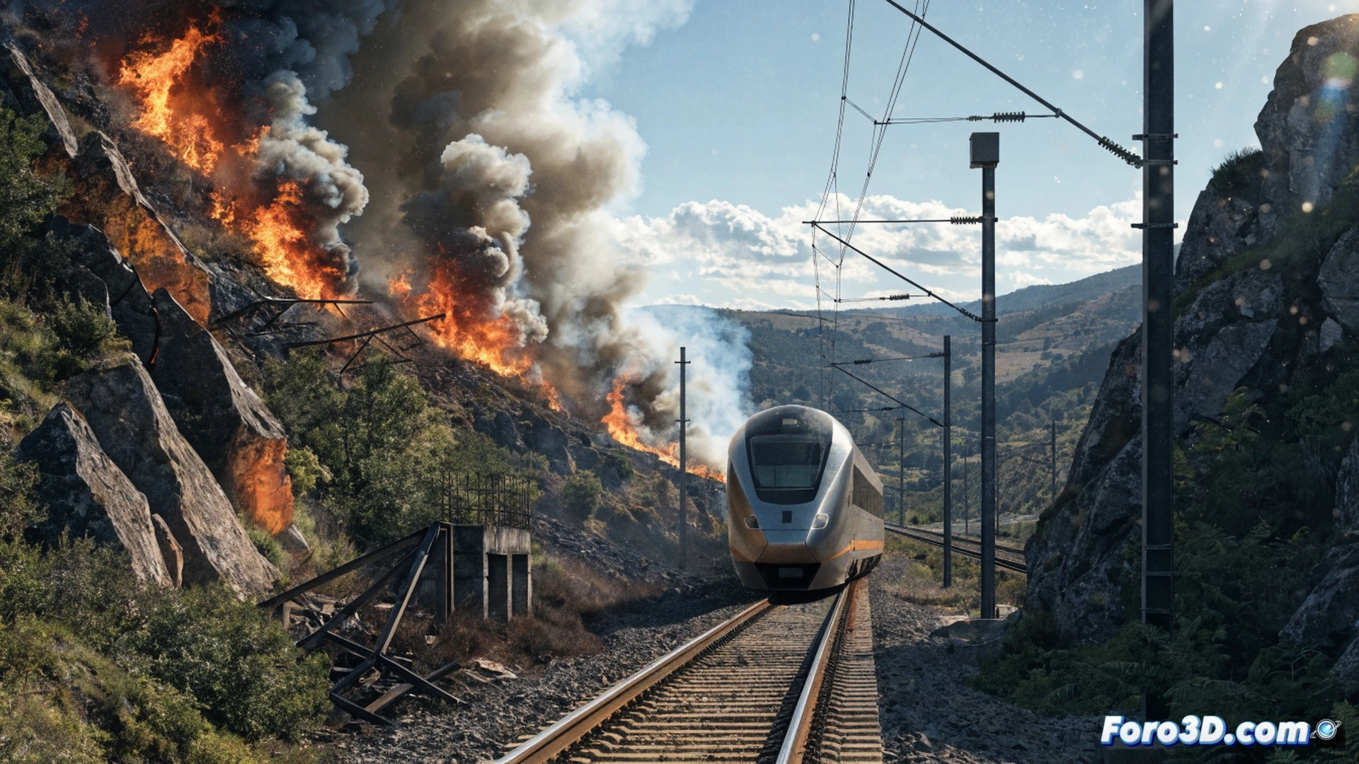 Aerial view of a high-speed train halted on tracks crossing a dry Spanish plain, thick smoke from a wheat stubble fire billowing across the railway line near Albi, firefighter trucks with water cannons spraying the flames while a train signal post shows a red stop light, glowing embers drifting over the catenary wires, photorealistic cinematic landscape, dramatic orange sky, technical action scene with emergency response in progress, ultra-detailed terrain and rolling hills