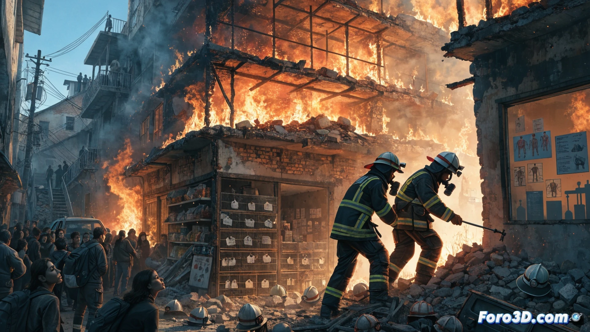 A three-story building in Lucknow with a massive fire engulfing the top floor, black smoke billowing from broken windows, firefighters using a sledgehammer to break through a concrete wall on the ground floor, a trapped student being lifted out through the breach, a collapsed metal staircase visible inside, a computer monitor and animation desk charred in the foreground, a pet shop cage with a small animal on the second floor, emergency vehicles with flashing lights surrounding the structure, cinematic photorealistic disaster scene, dramatic orange and grey lighting, debris scattered on the street, ultra-detailed architectural damage, intense rescue action