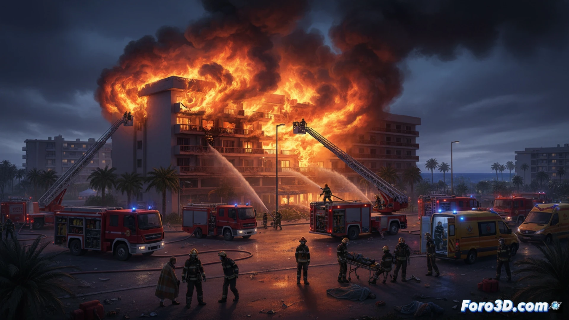 bloque residencial en llamas durante la noche, fachada carbonizada con llamas saliendo de ventanas superiores, bomberos con equipos de protección y mangueras en escaleras extendidas, humo denso elevándose hacia el cielo oscuro, camión de bomberos con luces estroboscópicas rojas y azules iluminando la escena, cascos y herramientas de rescate visibles, estilo cinematográfico fotorrealista, iluminación dramática de emergencia, texturas de hollín y ladrillo quemado, acción de extinción en progreso, composición de gran angular
