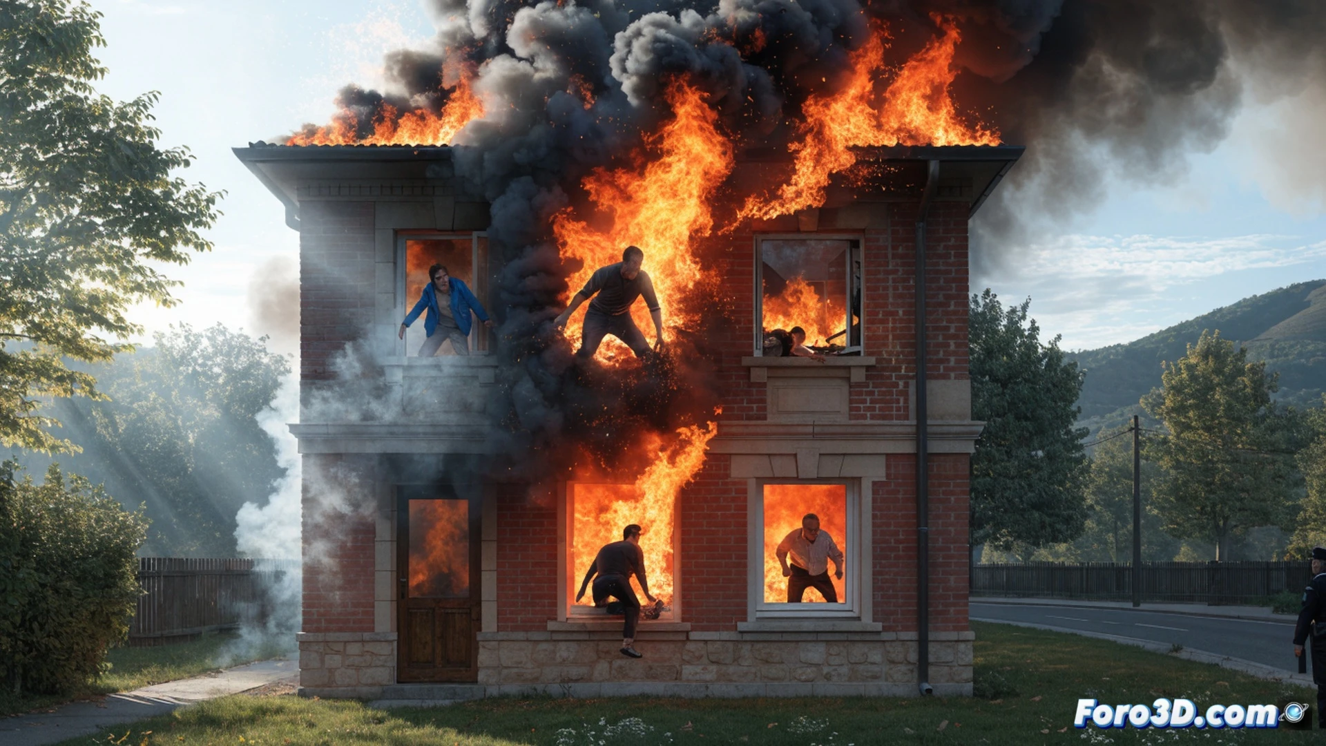Residential building fire scene at dawn, five silhouetted figures climbing out of first-floor windows onto ledges, thick black smoke billowing from broken glass, orange flames consuming wooden roof structure, firefighter ladder truck arriving in background, two people coughing on sidewalk being attended by paramedics, Guardia Civil vehicle with flashing lights, charred exterior walls with peeling paint, emergency response action, photorealistic architectural visualization, dramatic red and amber lighting contrasting with pale morning sky, smoke dispersion patterns, realistic fire damage textures, cinematic wide-angle composition