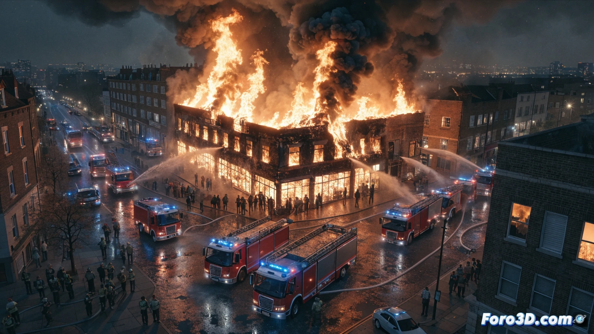 night scene of a Peckham high street shop fire, single-storey extension fully engulfed in orange flames and thick black smoke, 15 fire engines parked diagonally blocking the road, 100 firefighters in yellow helmets and reflective gear pulling hoses and setting up a water cannon, two aerial ladder platforms raised against the building, fifty evacuees in pyjamas huddled behind a police cordon, windows of nearby flats closed tight, traffic jam of cars and double-decker buses at the junction, glowing embers drifting over asphalt, cinematic photorealistic news-style visualization, dramatic emergency lighting, heavy smoke haze, intense action during evacuation and firefighting process