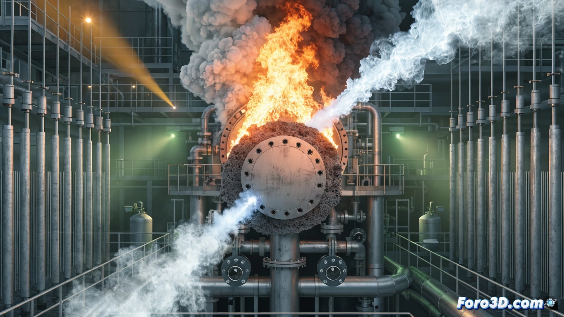 high-pressure gasification reactor cross-section, graphite gasket joint failing under extreme heat, bright orange syngas jet escaping violently from the split seal, flames igniting instantly around the leak, metallic reactor vessel glowing with thermal stress, pressure gauge needle in red zone, emergency sprinklers activating overhead, cinematic engineering visualization, dramatic industrial lighting, sparks and smoke filling the scene, ultra-detailed mechanical components, photorealistic technical render