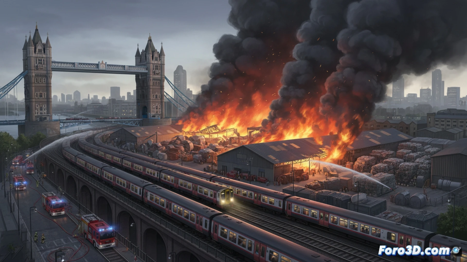 London Bridge station railway tracks partially obscured by thick grey smoke drifting from a nearby recycling plant fire, firefighter hoses spraying water at smouldering waste piles, train signals showing red caution lights, commuters on platforms looking at delayed departure boards, overhead power cables and signal gantries silhouetted against hazy orange sky, cinematic photorealistic scene, dramatic industrial lighting, dense smoke layers mixing with cool evening air, ultra-detailed rail infrastructure, motion blur on standing trains, realistic firefighting equipment, technical engineering visualization