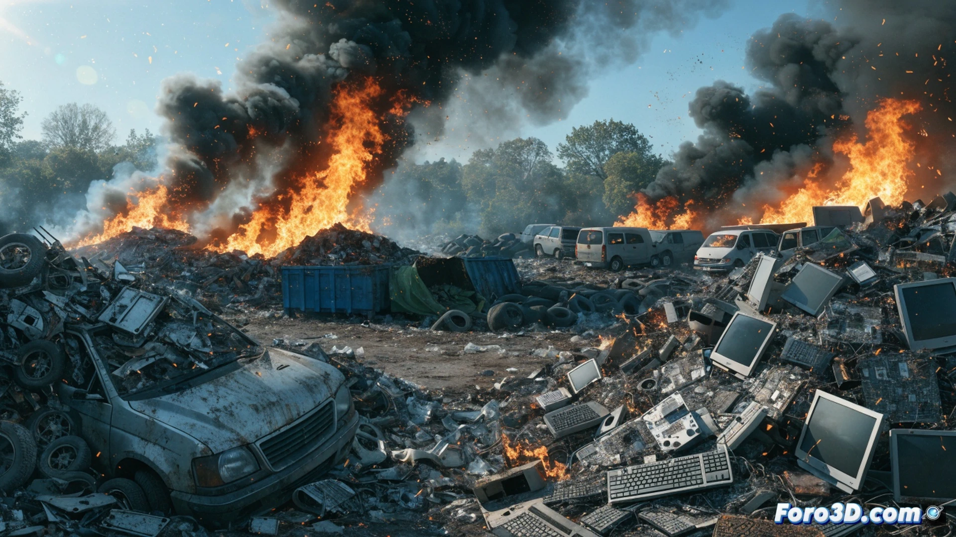 open-air recycling yard fire aftermath, smoldering piles of crushed electronic circuit boards and tangled copper wires, blackened car chassis with melted plastic components, toxic smoke rising from burning lithium-ion batteries, a collapsed metal shed storing shredded hard drives, fire department hoses spraying water on a heap of discarded monitors, cinematic photorealistic style, dramatic orange and gray smoke clouds, charred mechanical parts, environmental disaster visualization, ultra-detailed textures of burnt plastic and metal, wide angle shot showing the contradiction between recycling facility design and hazardous storage