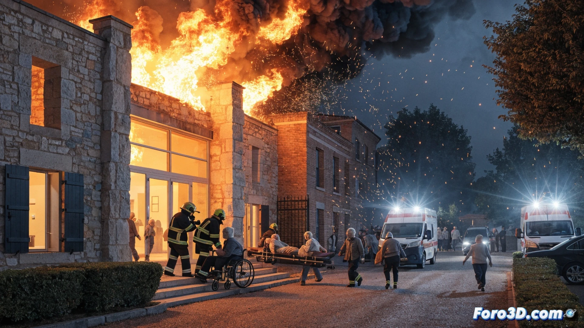 Residential care home evacuation scene, elderly residents being guided by firefighters through a smoke-filled hallway, sparks and smoke rising from a damaged electrical panel on the wall, emergency lights casting red and blue flashes on the corridor, a stretcher with a seated elderly person being wheeled past, firefighter carrying a portable extinguisher, broken ceiling tiles and scattered debris on the floor, cinematic photorealistic technical illustration, realistic smoke diffusion and particle effects, dramatic emergency lighting, ultra-detailed textures of concrete walls and medical equipment, motion blur on moving people, high-angle perspective showing the evacuation process