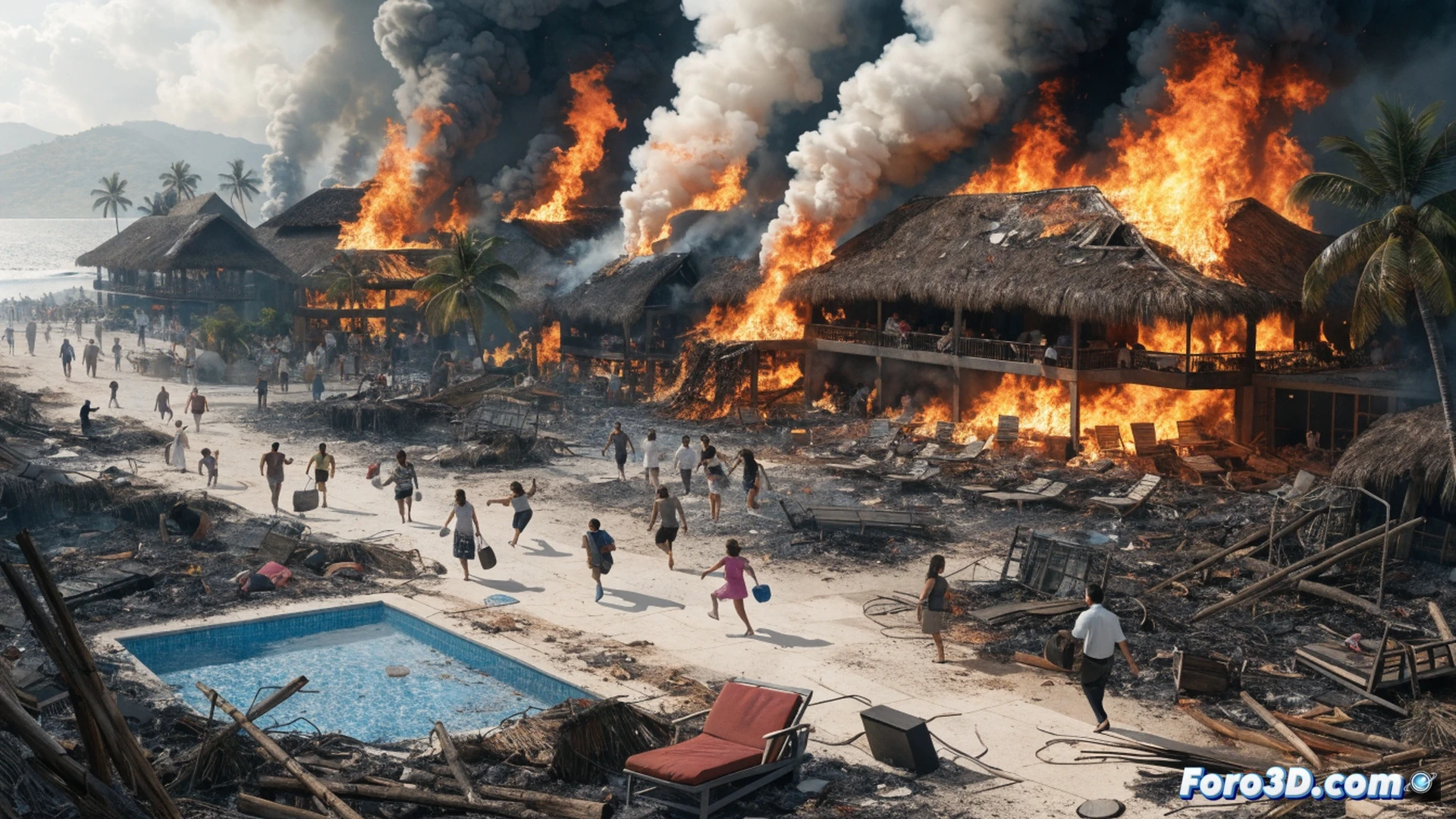Resort hotel with thatched palm roofs engulfed in flames at night, dense black smoke rising, panicked tourists running toward sandy beach, emergency lights flashing, fire extinguishers and hoses abandoned on pathway, collapsed wooden structures and charred debris scattered, evacuation plan sign partially burned, photorealistic cinematic scene, wide-angle dramatic lighting, intense orange glow against dark sky, sparks and embers flying, realistic smoke textures, ultra-detailed architectural destruction, urgent human motion blur