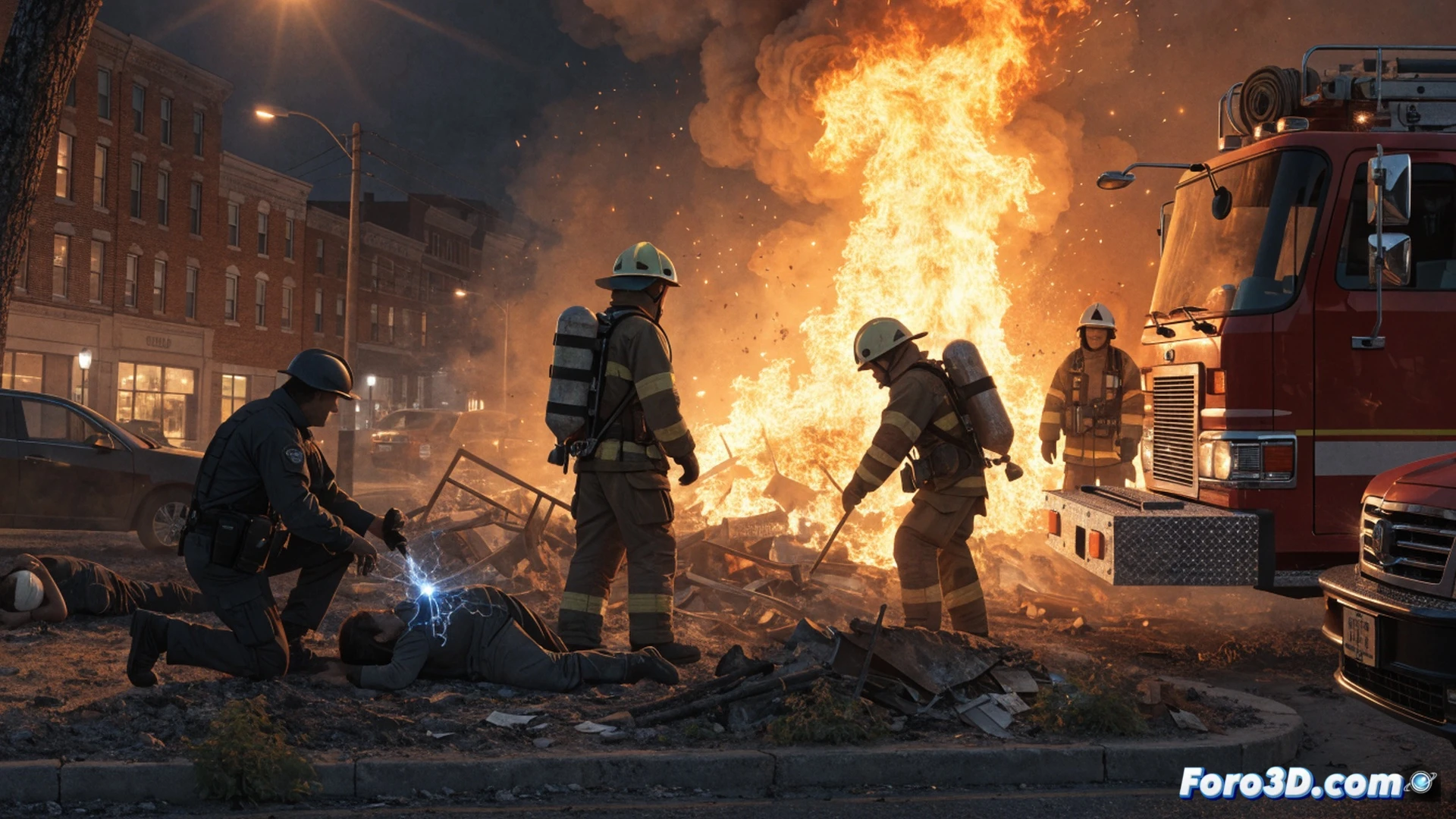 Incendio en solar baldío de Kansas City, llamas anaranjadas y humo espeso elevándose entre maleza seca y escombros metálicos, dos bomberos con equipo de protección avanzan mientras uno despliega un extintor de espuma, segundo bombero sostiene una pistola taser en posición de seguridad durante el control del perímetro, vehículo de emergencia con luces estroboscópicas al fondo, herramientas de extinción dispersas en primer plano, estilo cinematográfico fotorrealista, iluminación dramática de incendio nocturno, texturas de humo y calor distorsionando el aire, alto contraste entre llamas y sombras, representación técnica de operación de emergencia urbana