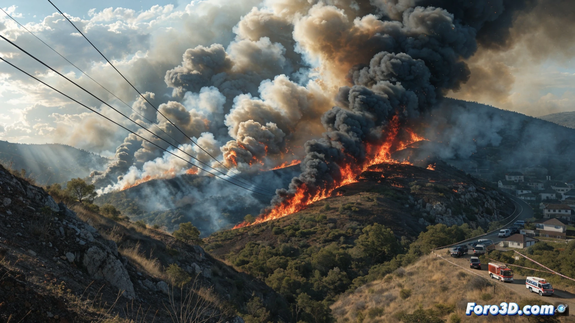 aerial view of a massive wildfire consuming dry Mediterranean forest near Tamarite, flames advancing toward the village of Fonz with 2,500 hectares of scorched earth visible, smoke column rising into the night sky, 1,200 evacuated residents watching from a safe distance, emergency vehicles with flashing lights on rural roads, firefighting aircraft dropping retardant on active fire front, cinematic photorealistic visualization, dramatic orange and black smoke layers, glowing embers carried by wind, ultra-detailed terrain with burnt patches and green untouched areas, tense atmospheric lighting
